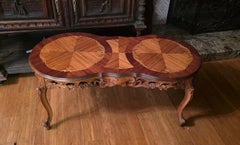 Antique French Hourglass Coffee Table with Wood Inlays and Scrollwork Carving