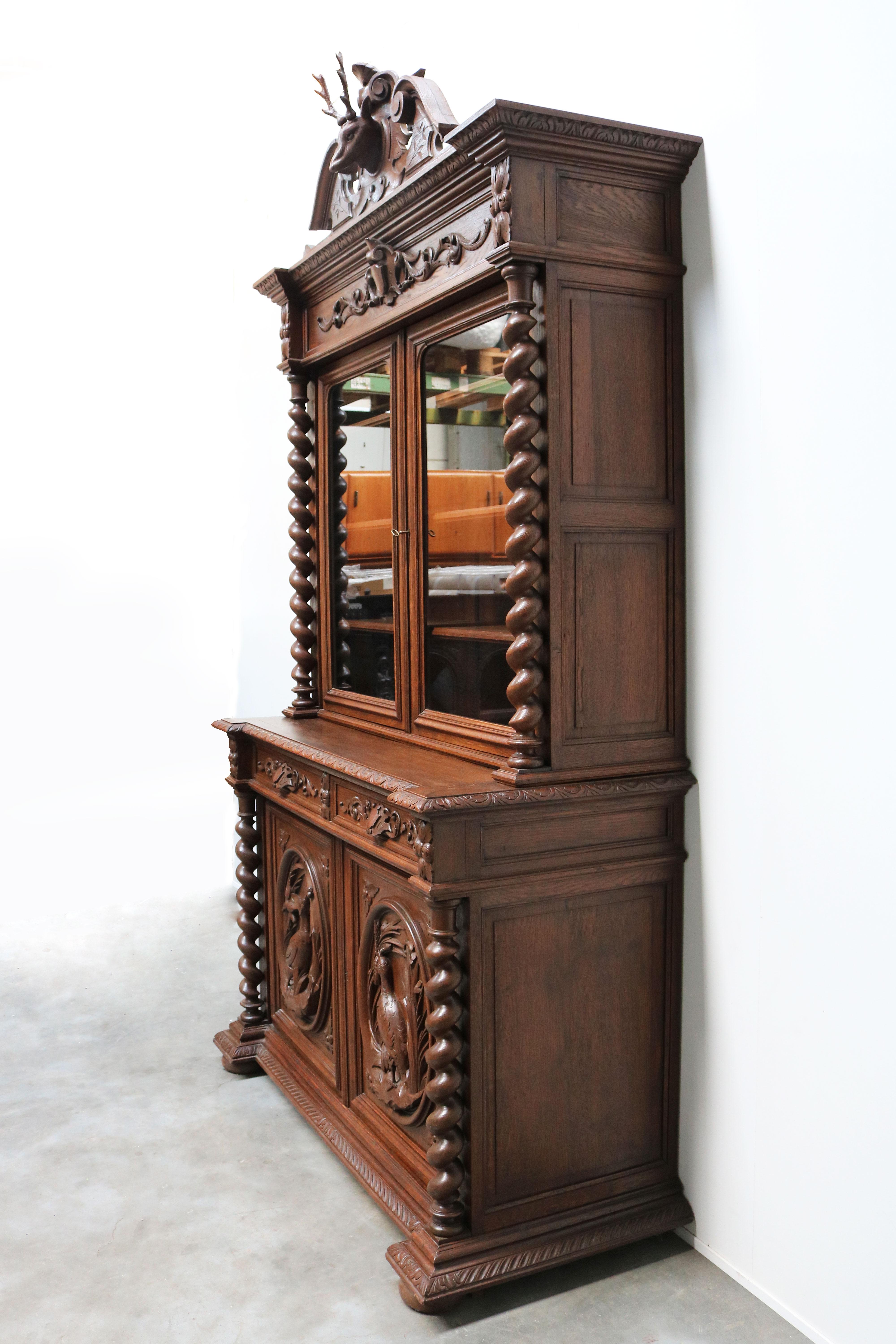 Antique French Hunt Cabinet / Bookcase Barley Twist Renaissance Revival Buffet For Sale 7