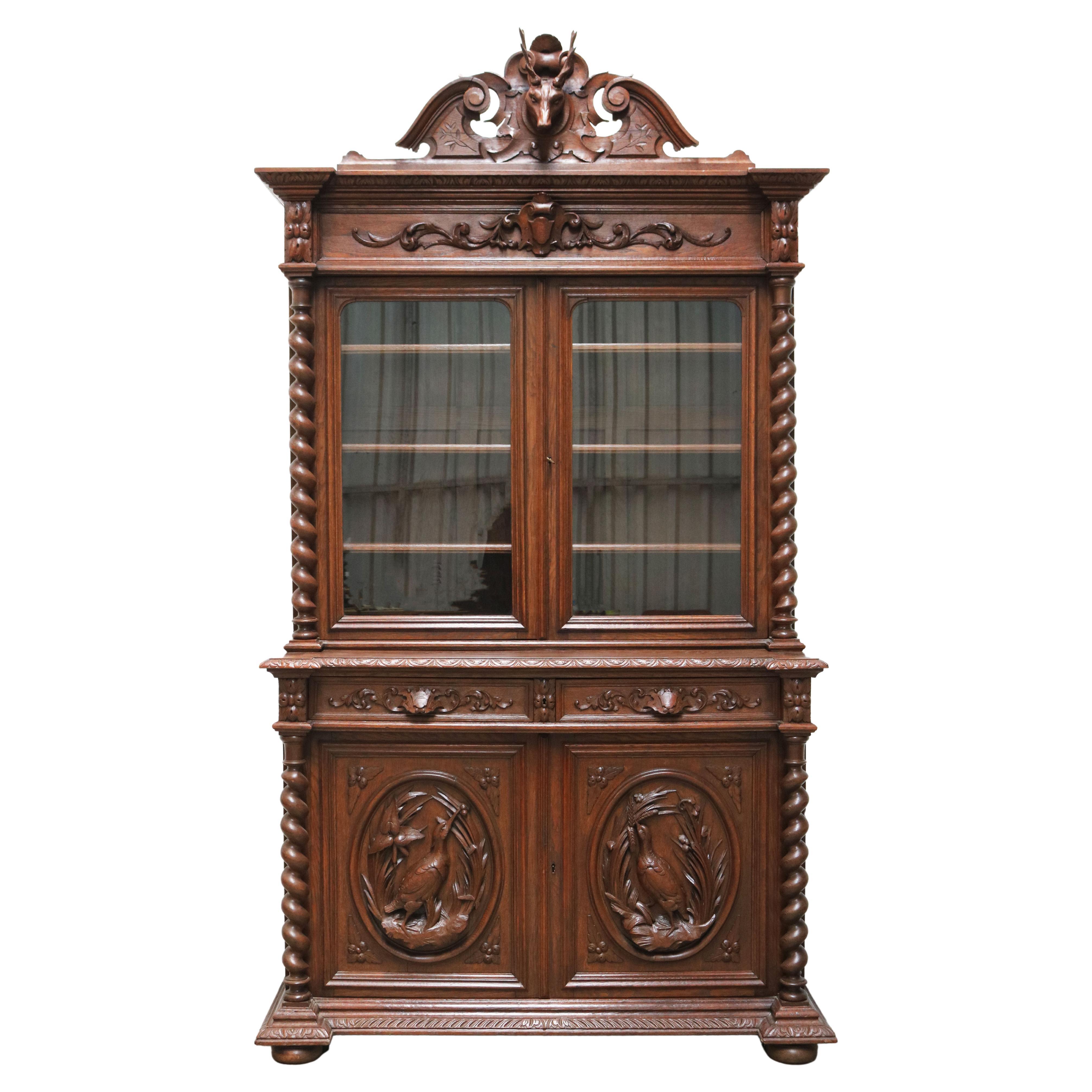 Antique French Hunt Cabinet / Bookcase Barley Twist Renaissance Revival Buffet For Sale