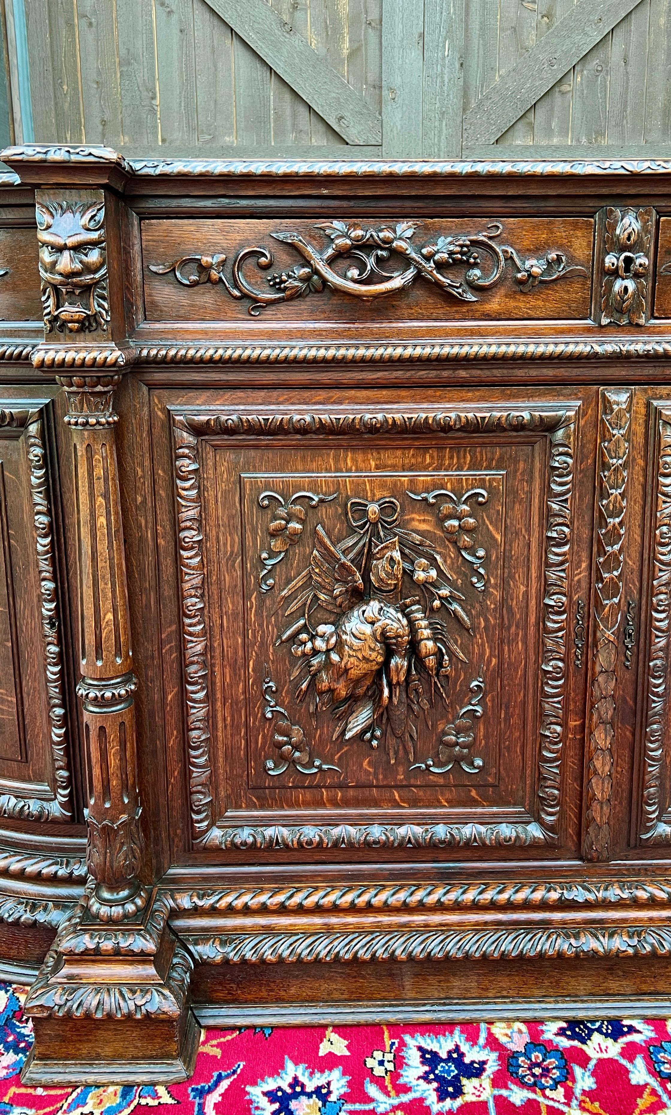 Antique French Hunt Sideboard Buffet Server Renaissance Revival Oak 19th Superb! 12