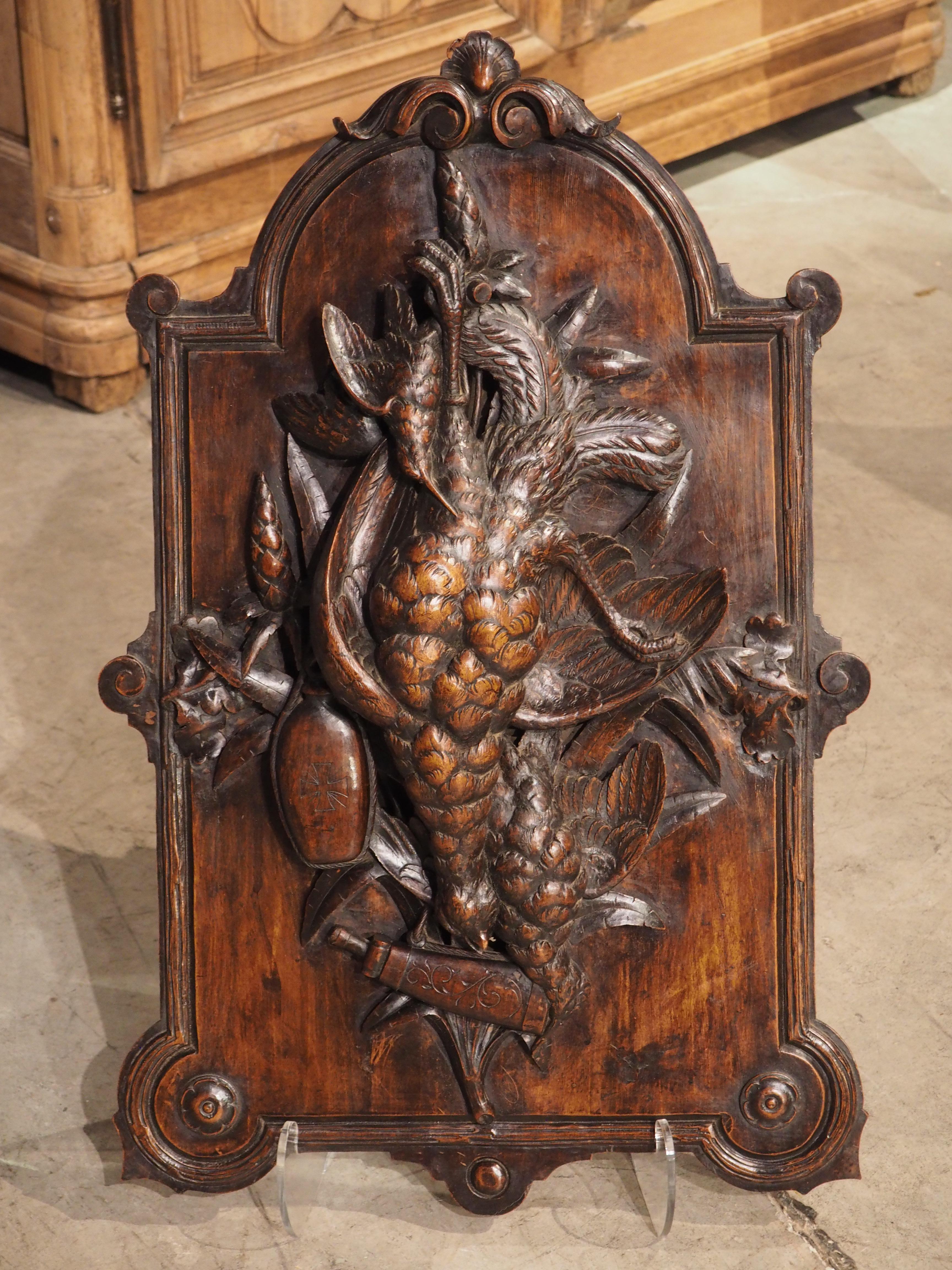 Antique French Hunt Trophy Plaque in Carved Walnut, Late 1800s 7