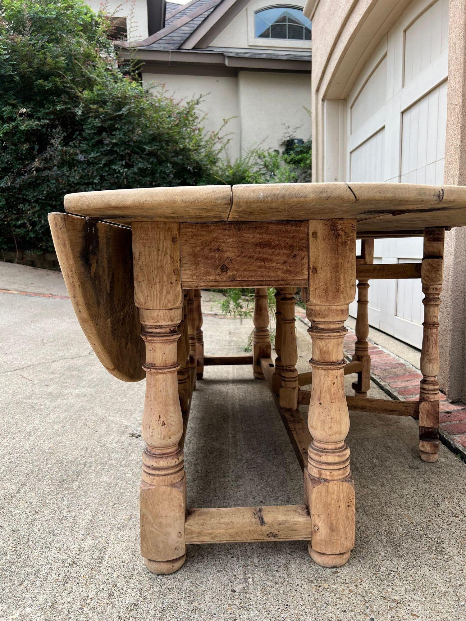 Antique French Hunt Wake DINING Table Bleached Oak LARGE Gate Leg Console c1880 For Sale 16