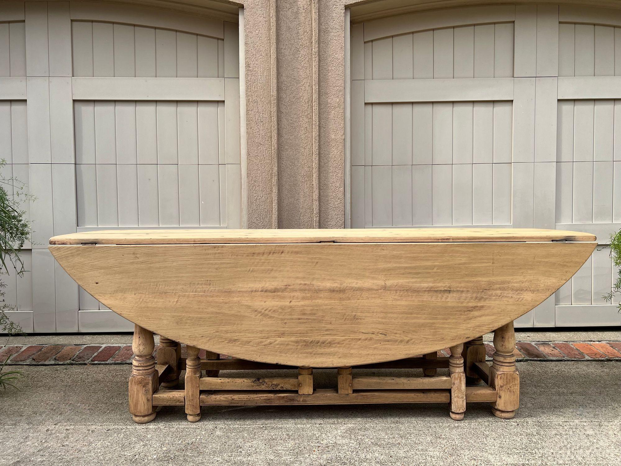 French Provincial Antique French Hunt Wake DINING Table Bleached Oak LARGE Gate Leg Console c1880 For Sale