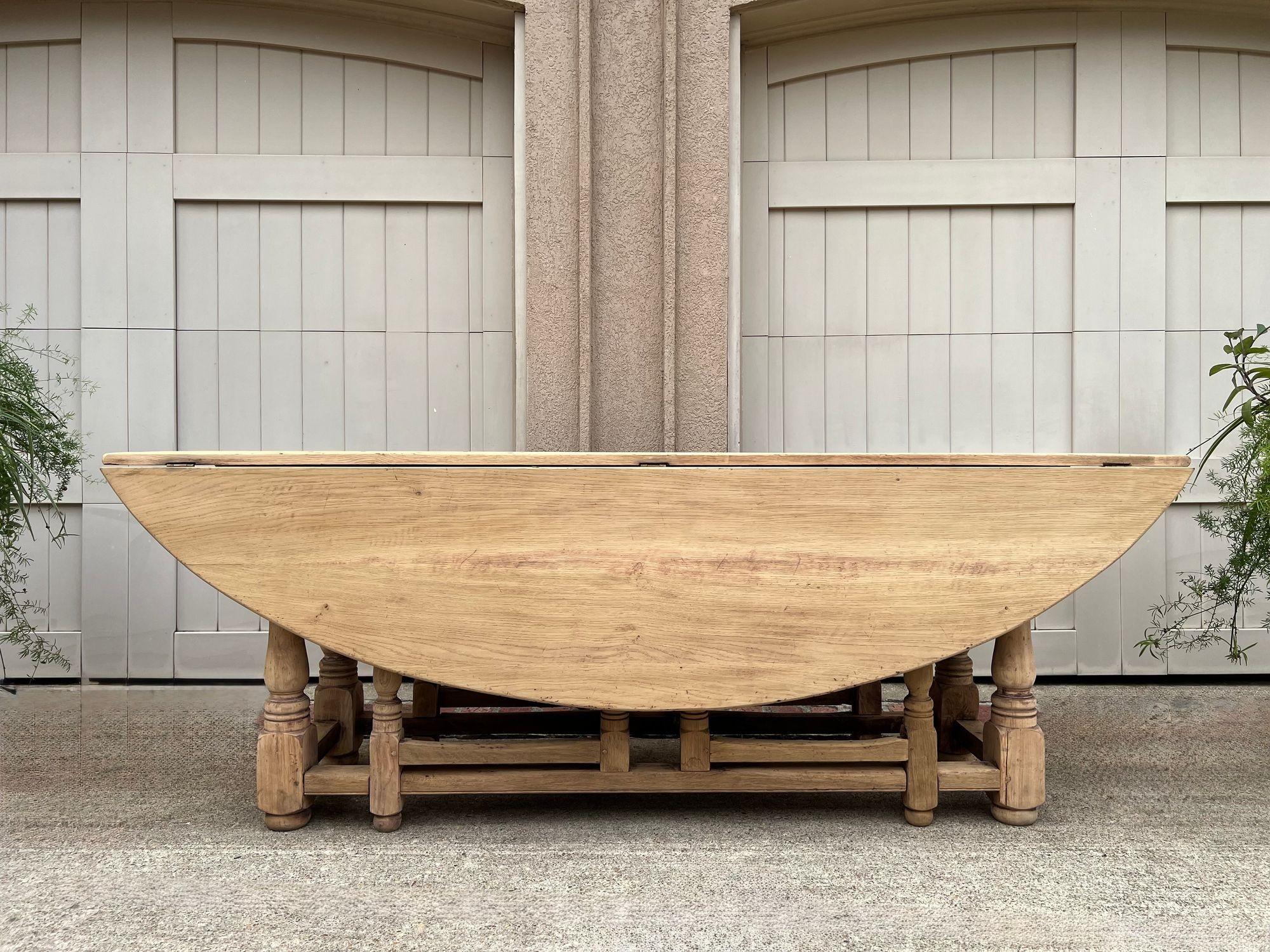 19th Century Antique French Hunt Wake DINING Table Bleached Oak LARGE Gate Leg Console c1880 For Sale