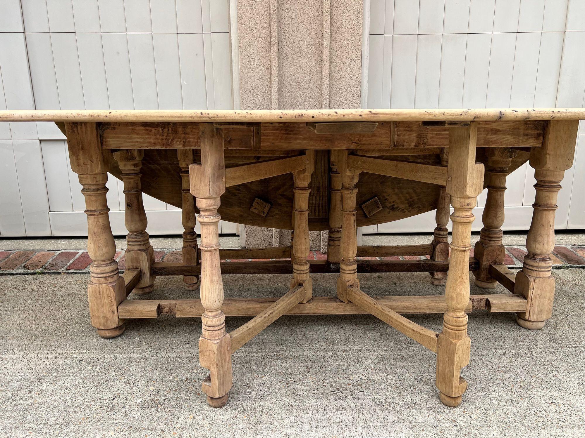 Antique French Hunt Wake DINING Table Bleached Oak LARGE Gate Leg Console c1880 For Sale 4