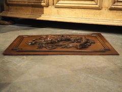 Antique French Hunting Trophy Plaque in Carved and Waxed Oak, Late 1800s