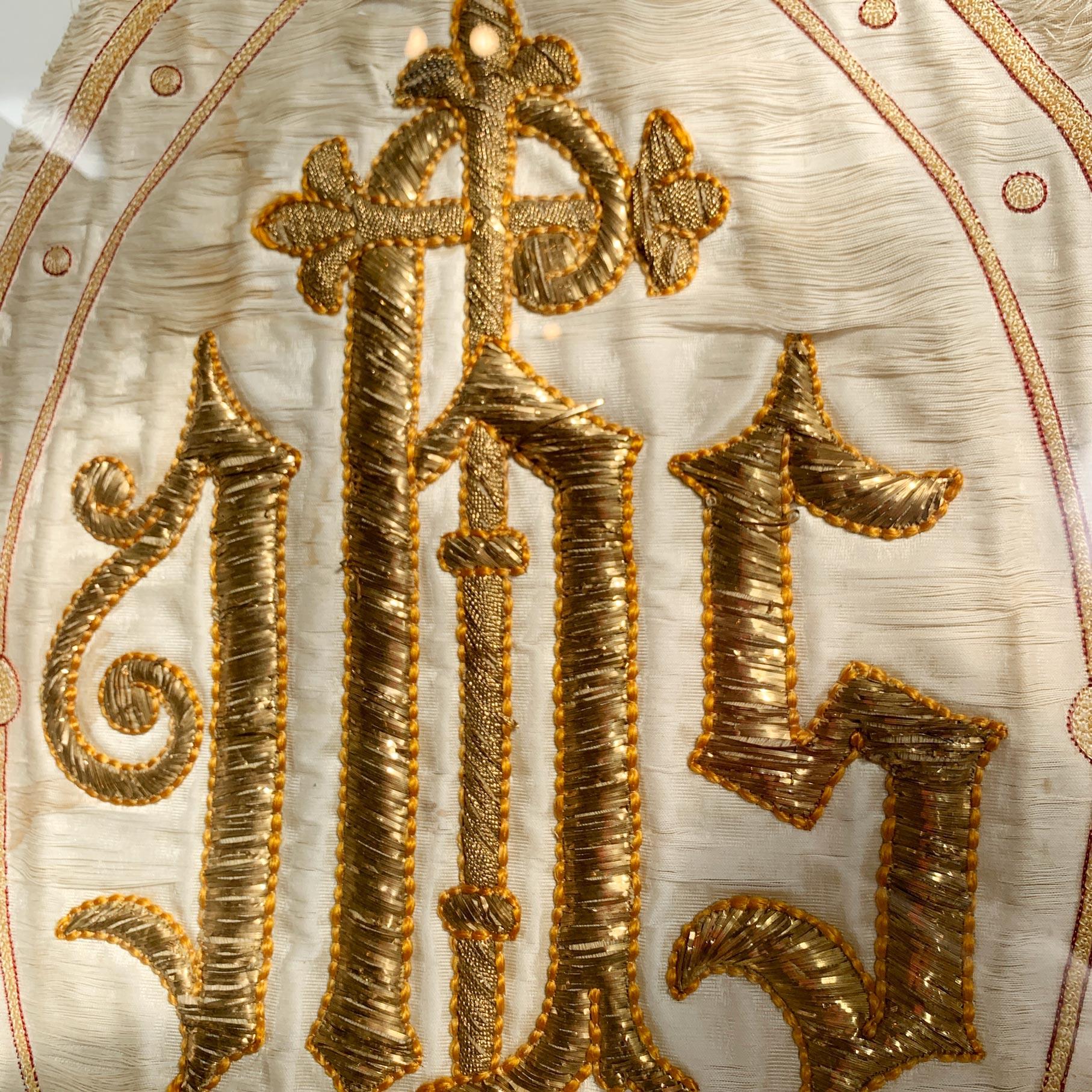 Baroque Antique French 'IHS' Embroidered Religious Panel in Gold Thread For Sale
