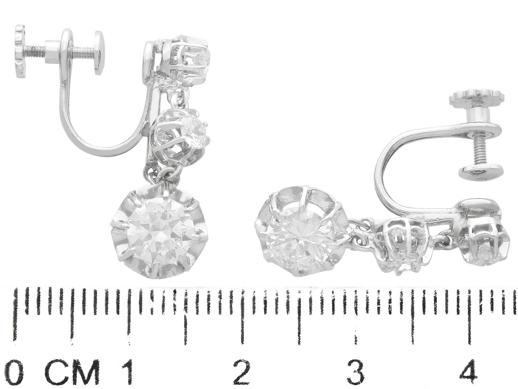 Women's or Men's Antique French Import 1.81 Carat Diamond and Platinum Drop Earrings, Circa 1920 For Sale