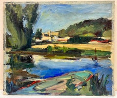 1930's French Post-Impressionist Oil Blue River Landscape Green Fields & Trees