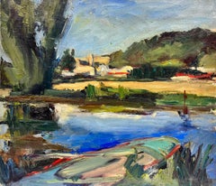 1930's French Post-Impressionist Oil Blue River Landscape Green Fields & Trees