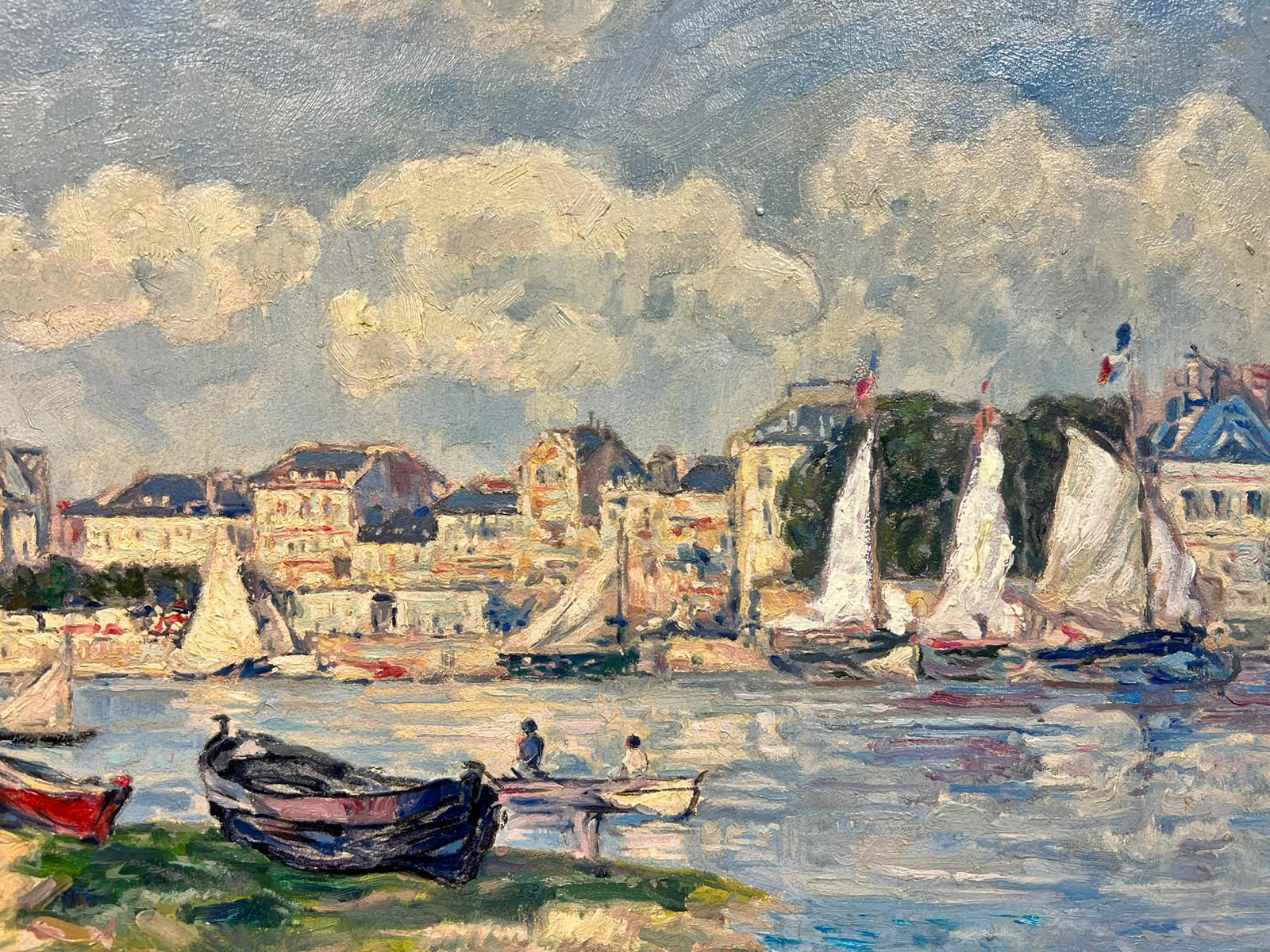 Beautiful French Impressionist Oil Painting Busy Boats Harbour & Town Honfleur? 3