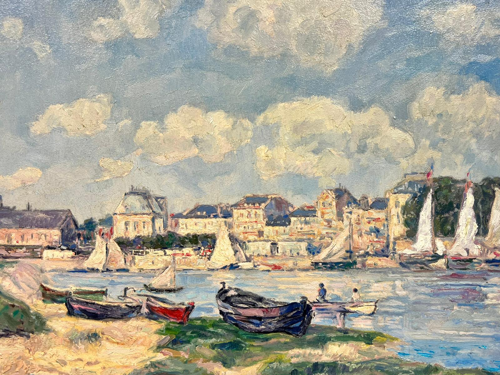 Beautiful French Impressionist Oil Painting Busy Boats Harbour & Town Honfleur? 4