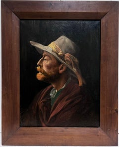 Large Antique Framed French Impressionist Oil Portrait of Rustic Man in Hat