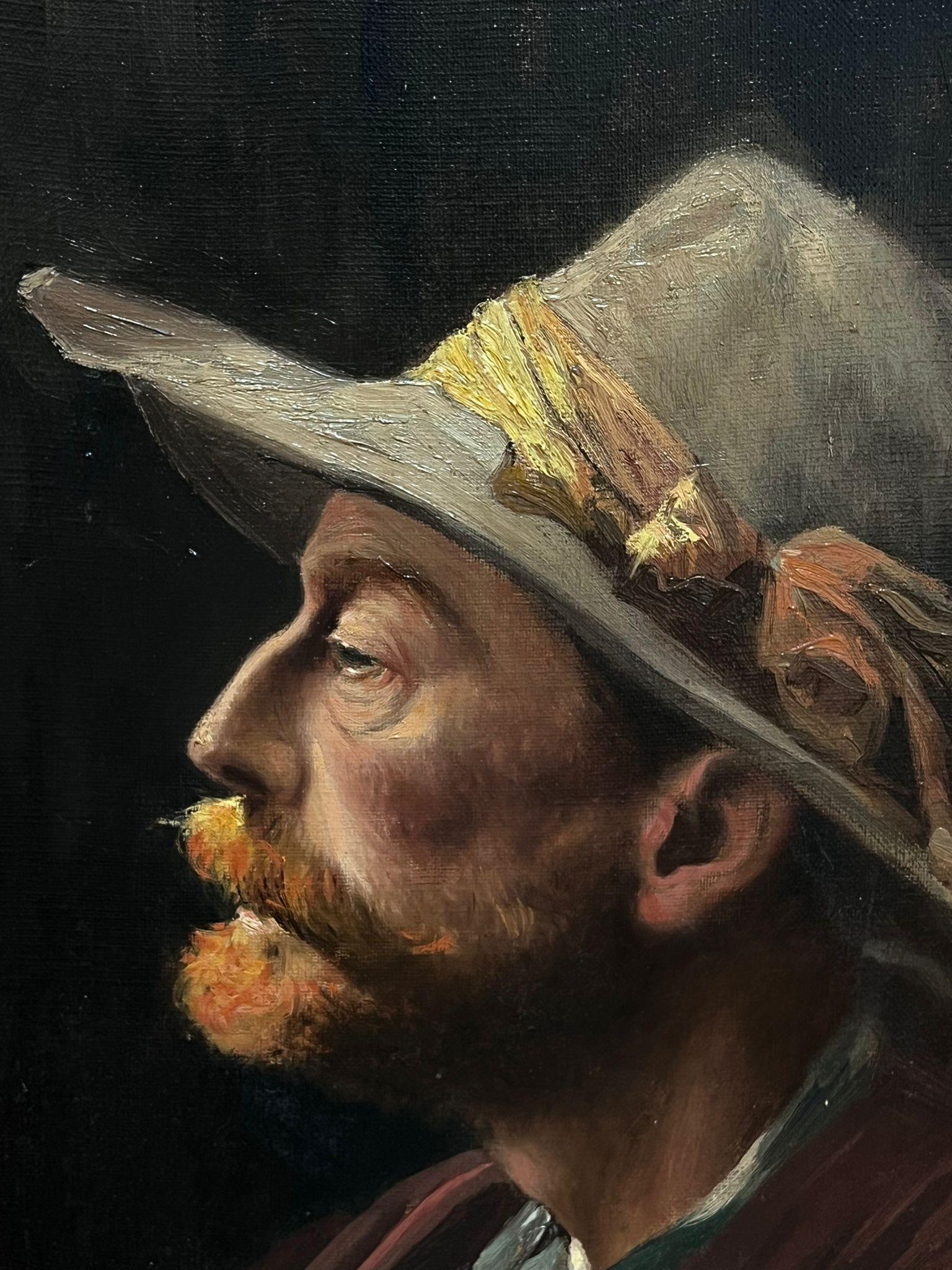 Grande ritratto ad olio di un uomo rustico con cappello, Antique French, incorniciato 1