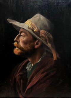 Grande ritratto ad olio di un uomo rustico con cappello, Antique French, incorniciato