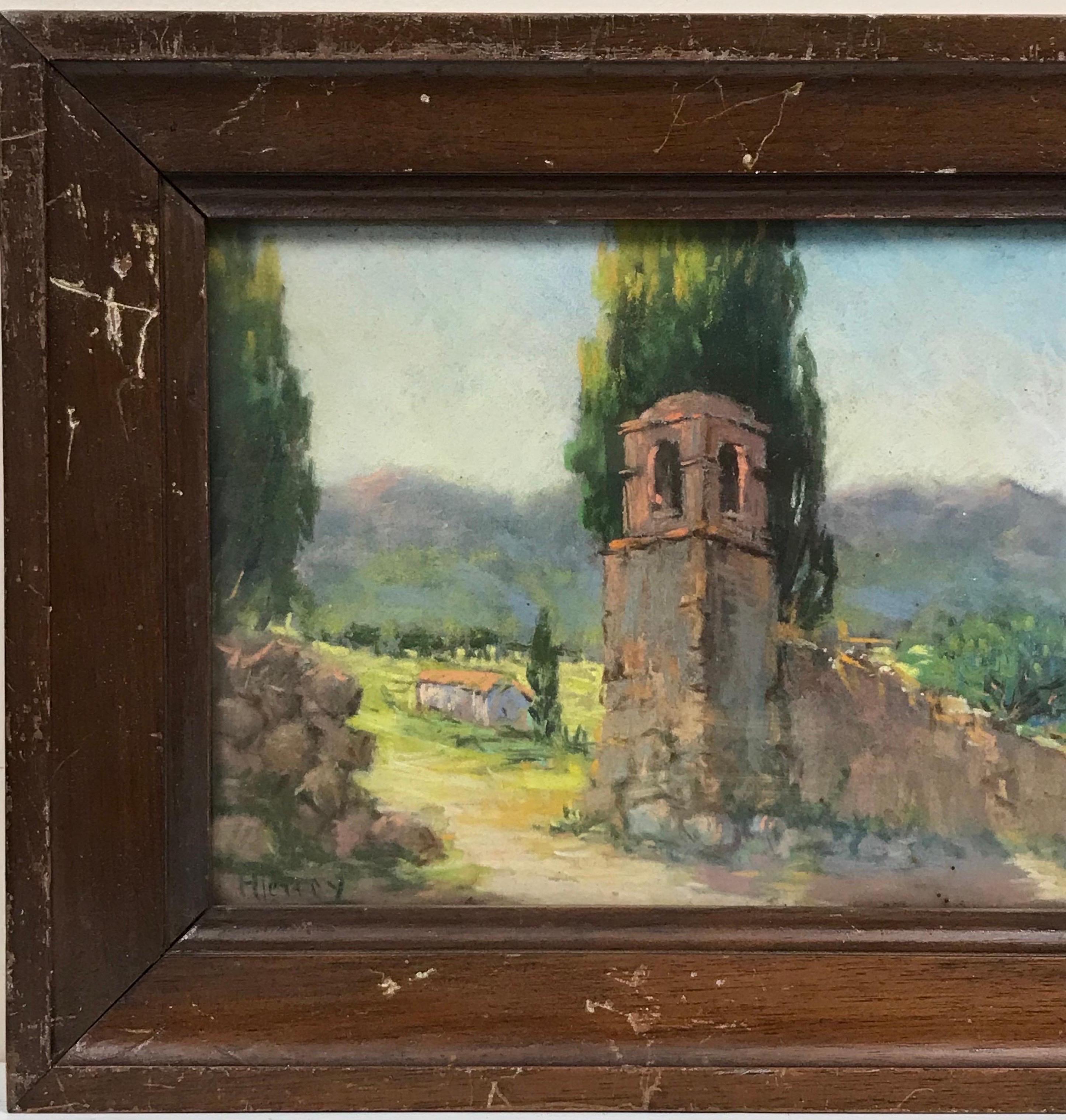 Sonne beleuchtete antike französische impressionistische Landschaft Pastell, goldenes Licht Provence – Painting von Antique French Impressionist