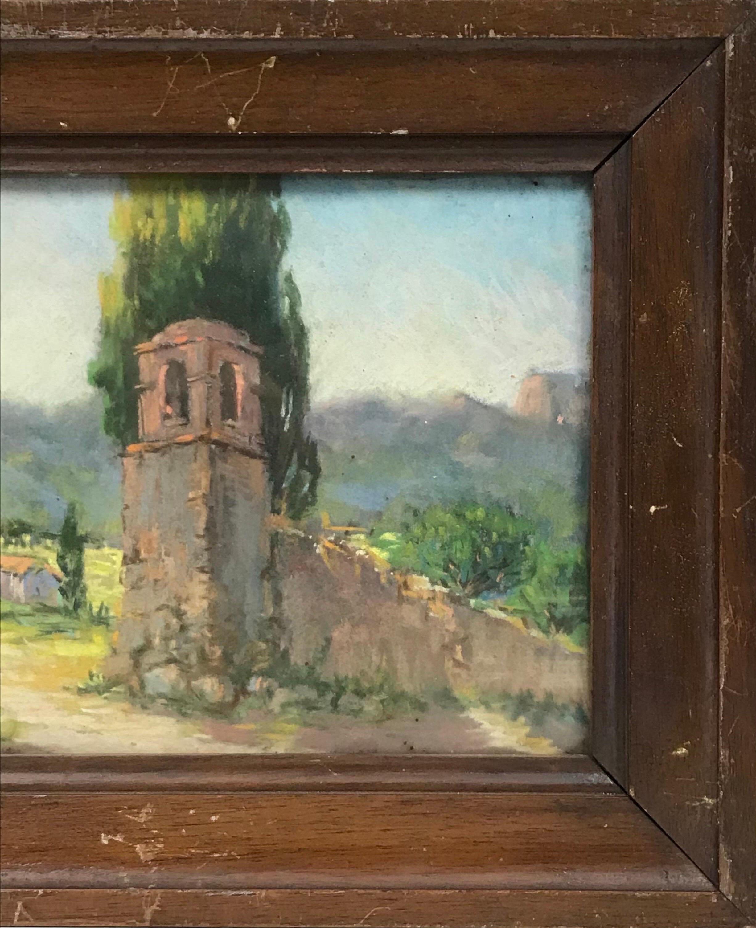 Sonne beleuchtete antike französische impressionistische Landschaft Pastell, goldenes Licht Provence (Impressionismus), Painting, von Antique French Impressionist