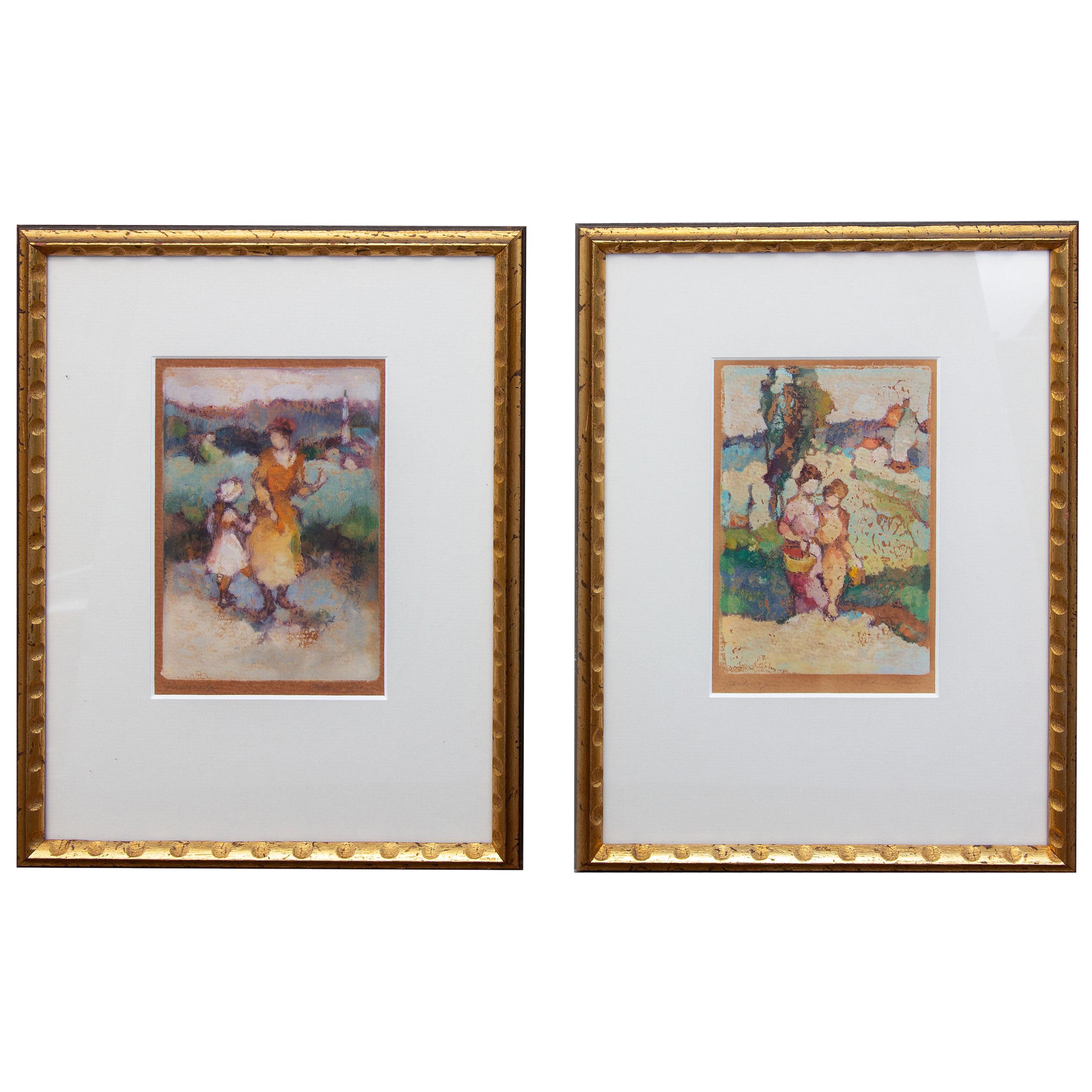 Antique French Impressionist Prints by Edna Gass a Pair