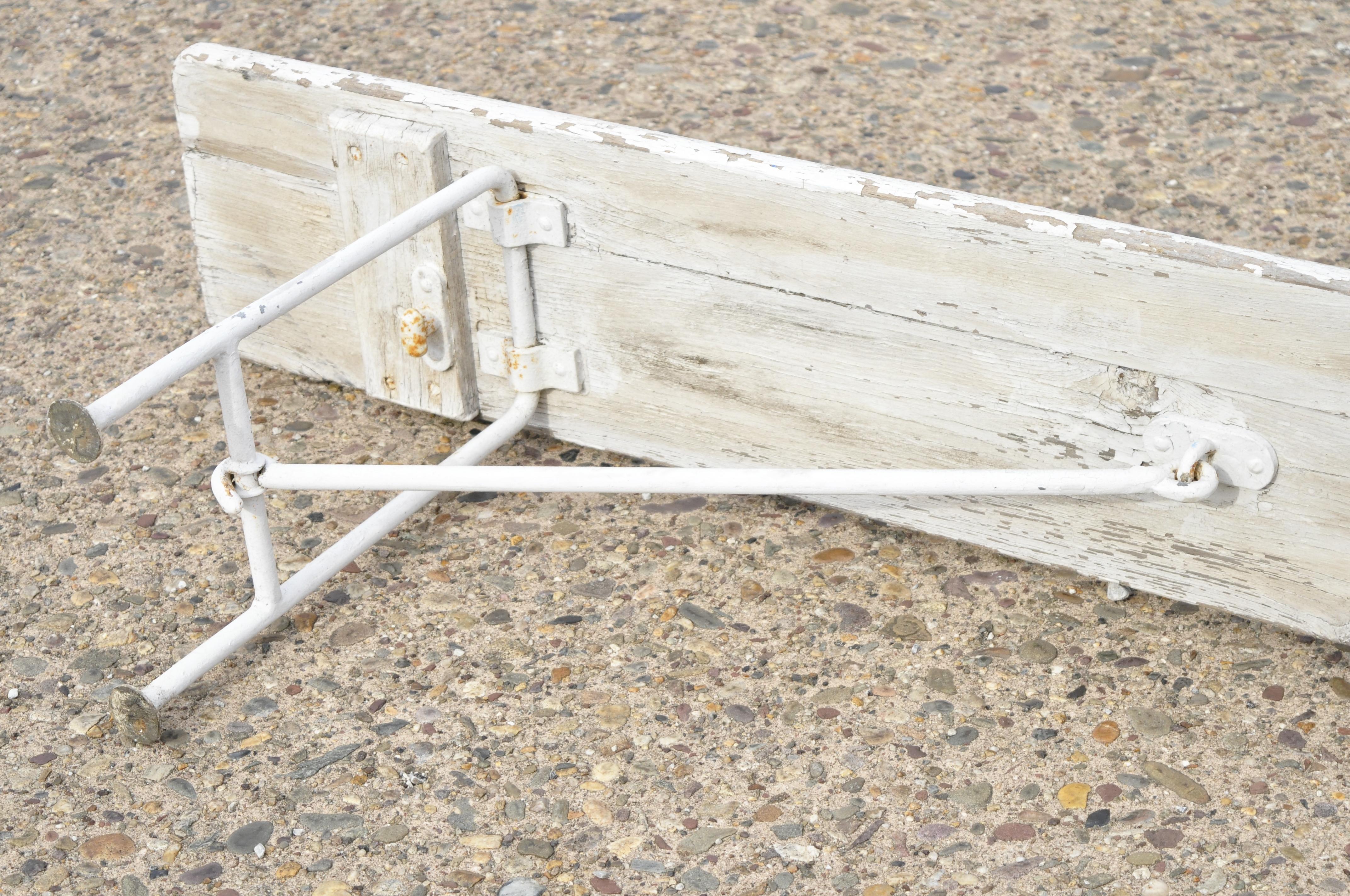 Antique French Industrial White Distress Paint Wrought Iron Wood Bench For Sale 5