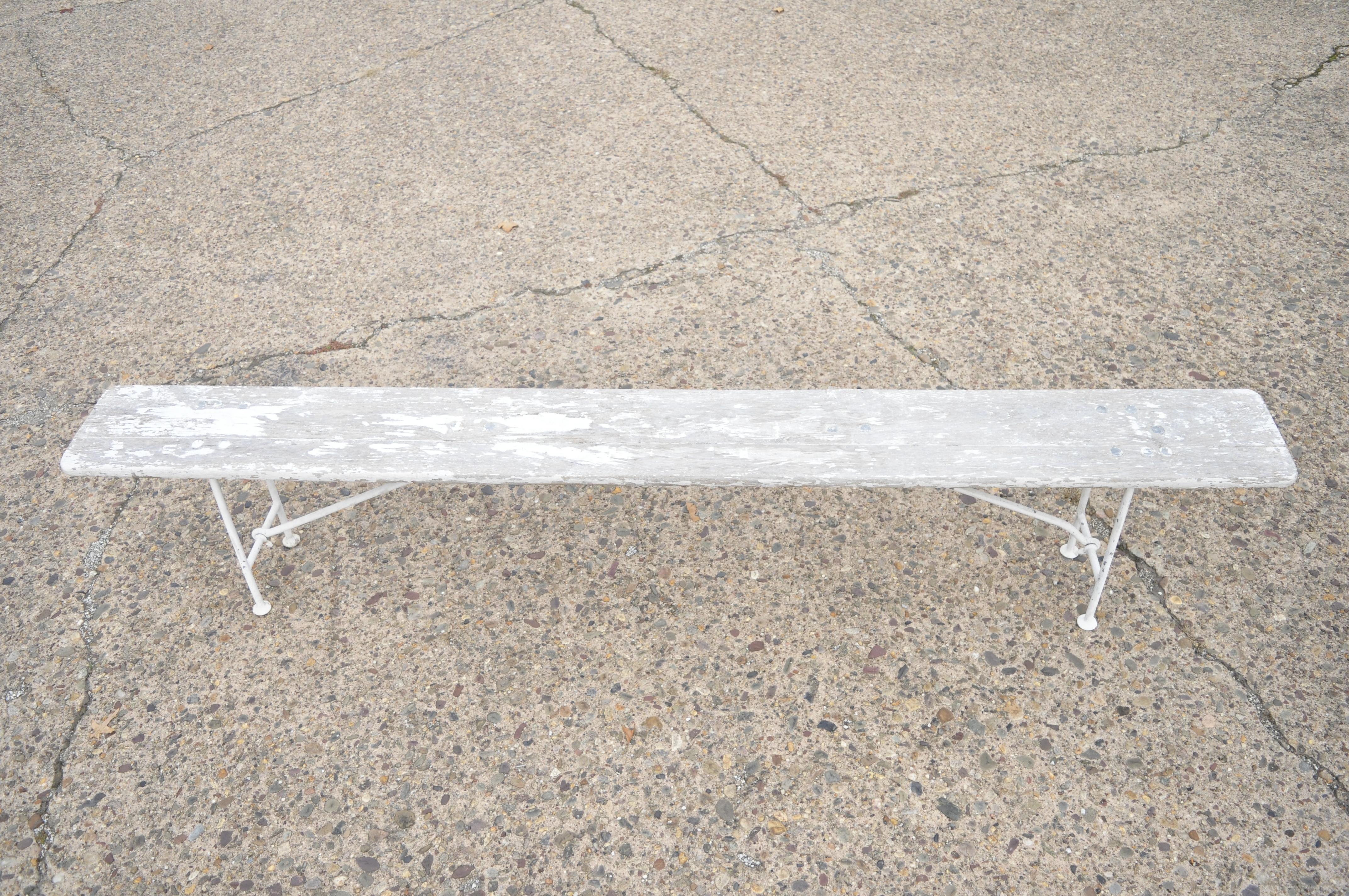 Antique French Industrial White Distress Paint Wrought Iron Wood Bench In Good Condition For Sale In Philadelphia, PA