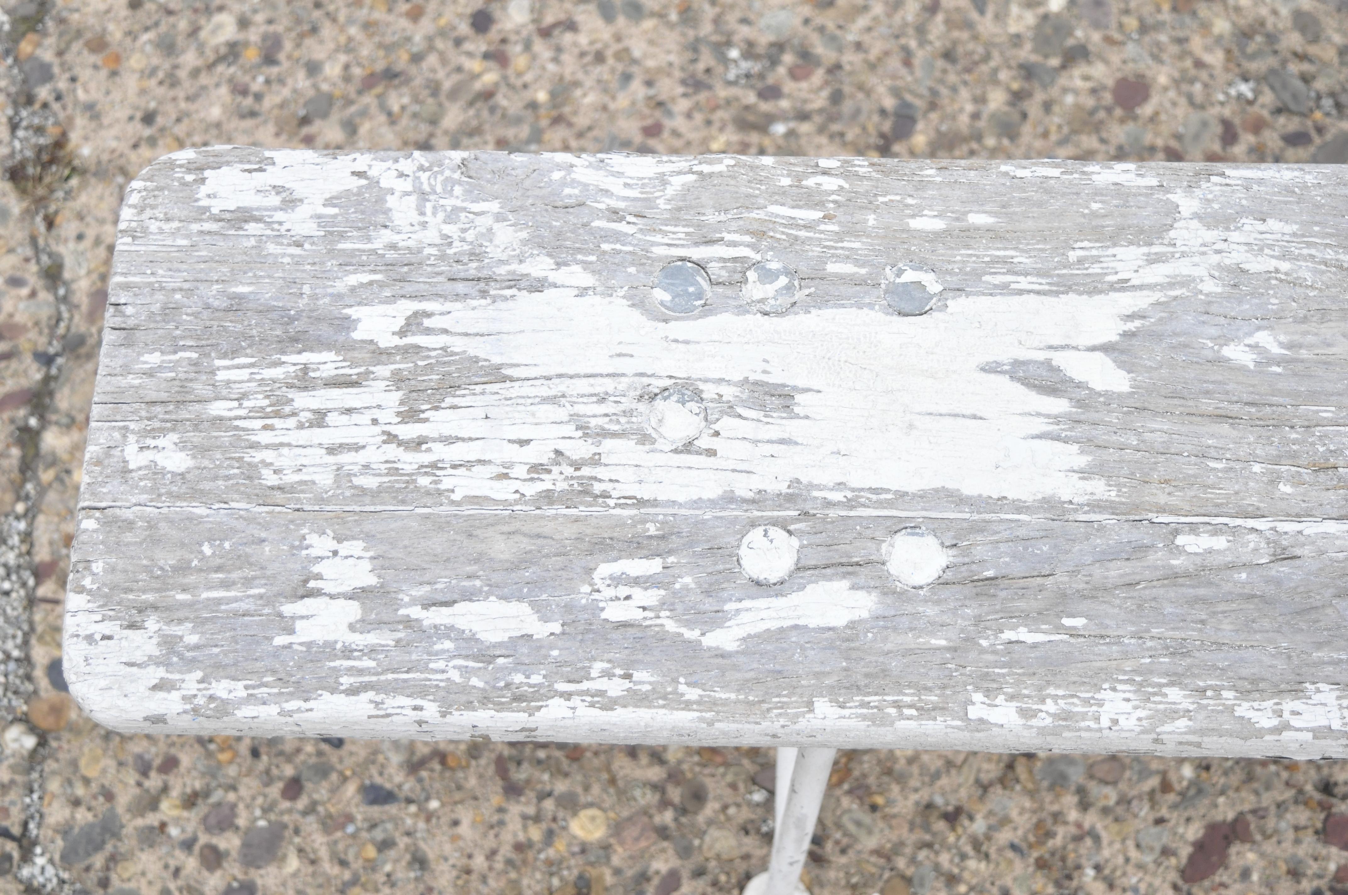 Antique French Industrial White Distress Paint Wrought Iron Wood Bench For Sale 1