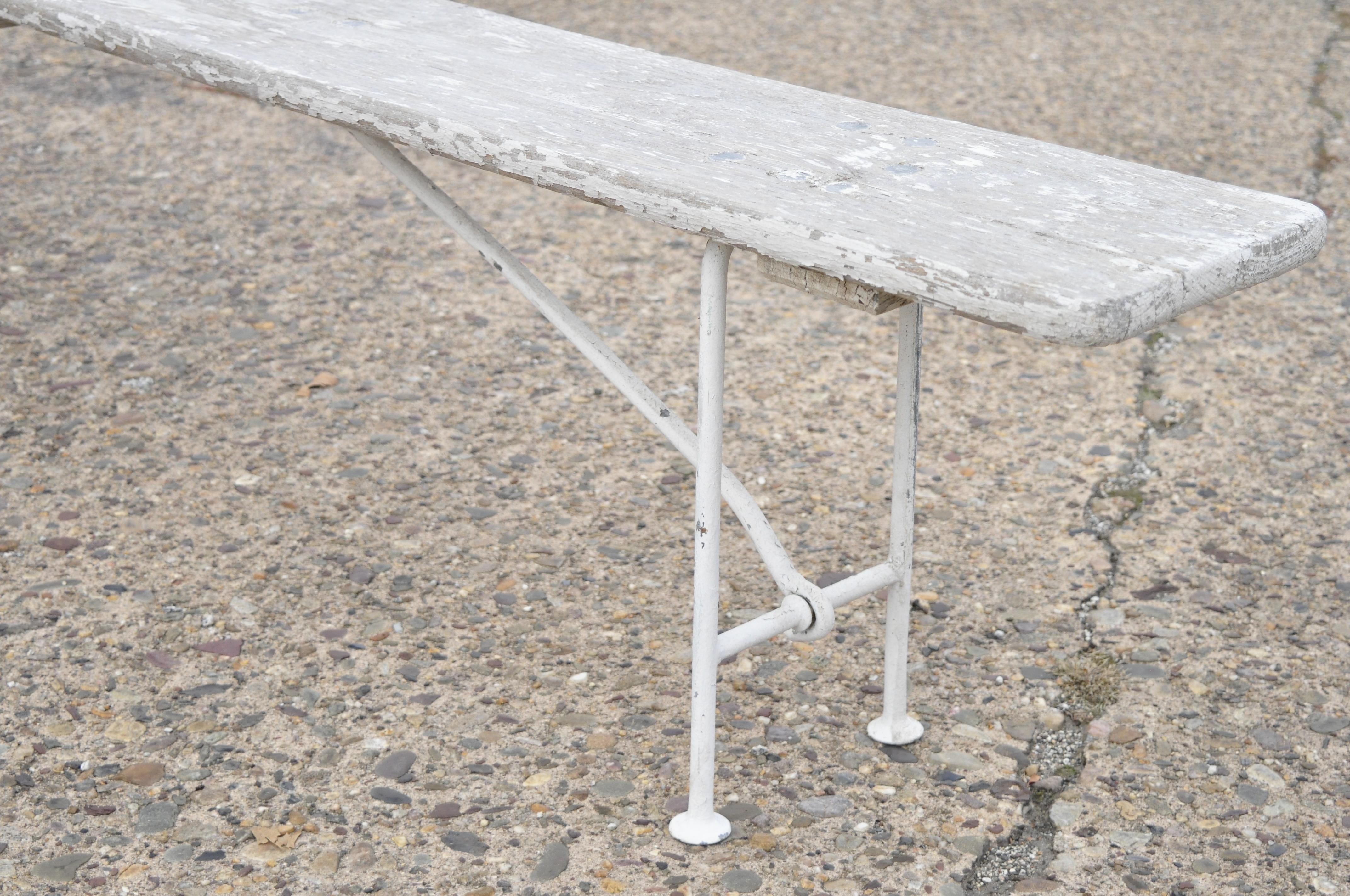 Antique French Industrial White Distress Paint Wrought Iron Wood Bench For Sale 4