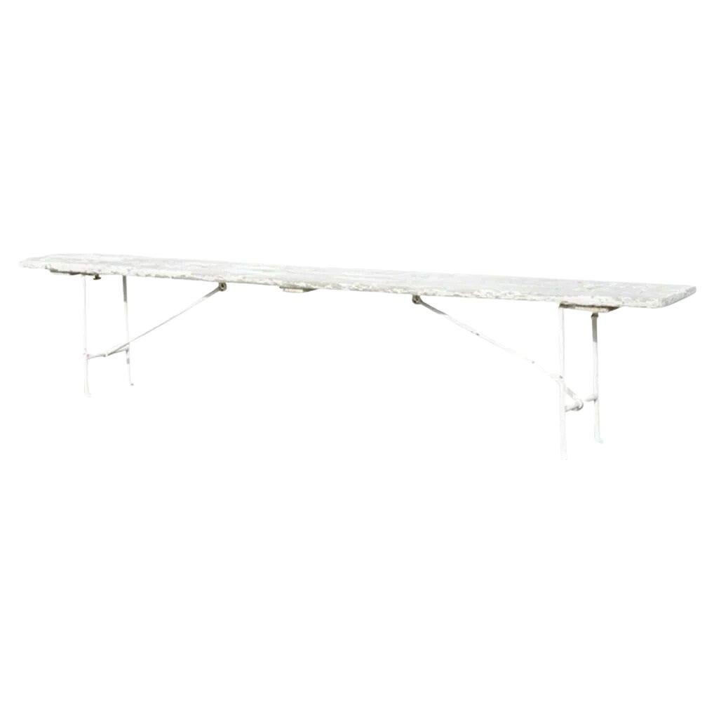 Antique French Industrial 94" Long White Distress Paint Wrought Iron Wood Bench