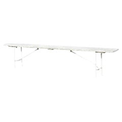 Antique French Industrial 94" Long White Distress Paint Wrought Iron Wood Bench