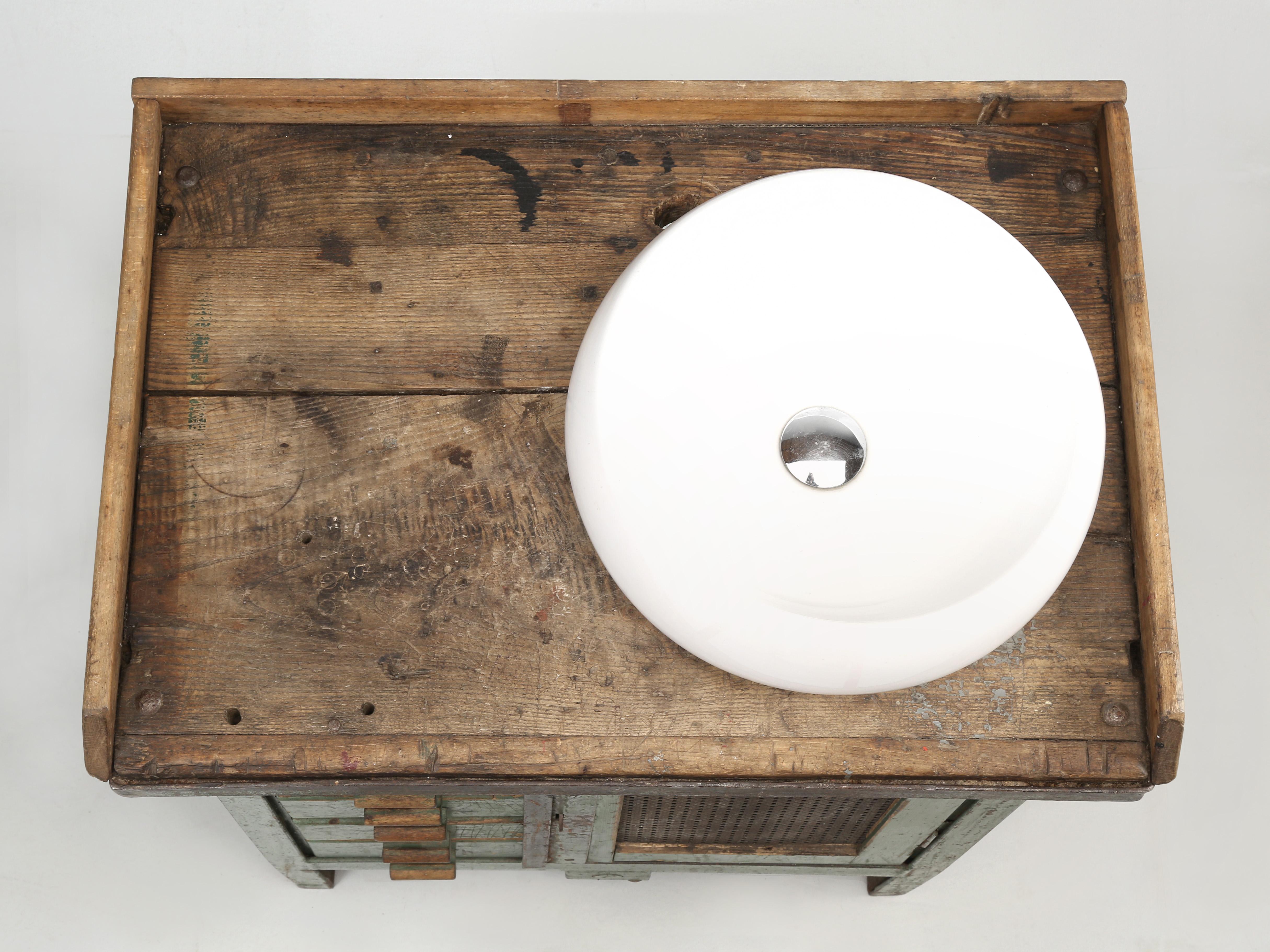Antique French Industrial Painted Cabinet Converted to a Bathroom Vanity Sink In Good Condition In Chicago, IL