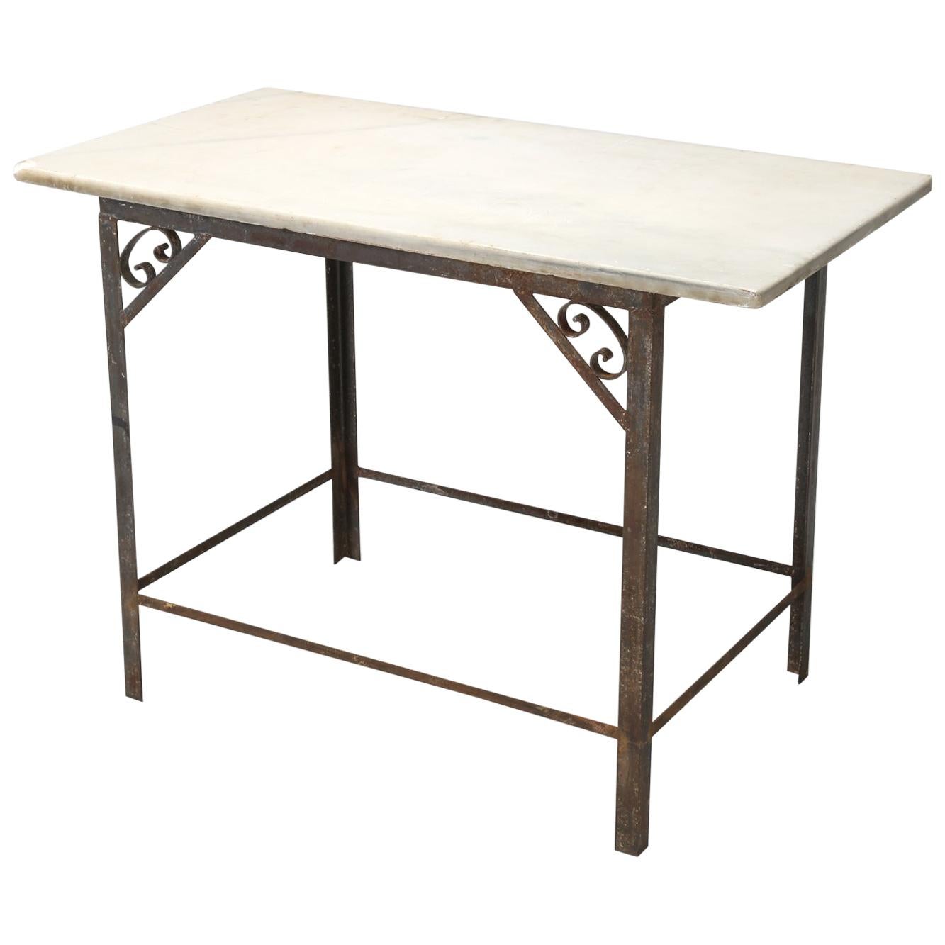 Antique French Industrial Work Table or Kitchen Island and Original Marble top