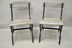 Antique French Industrial Wrought Iron Wooden Slat Seat Side Chairs - a Pair