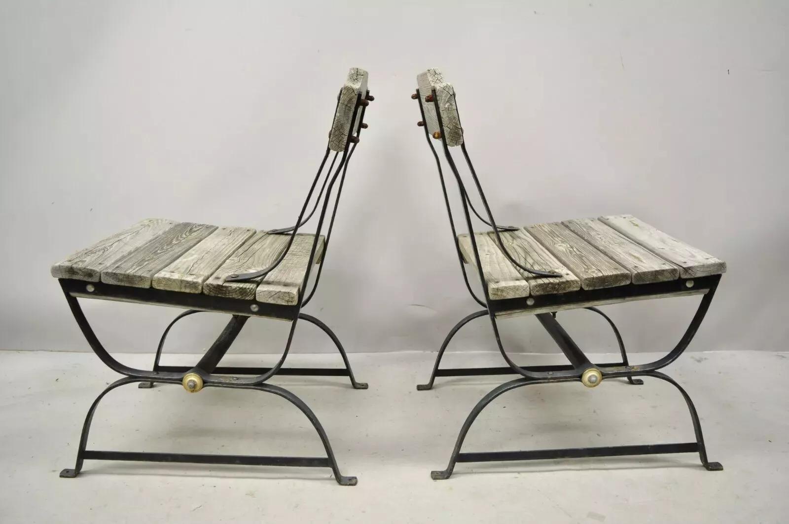 Arts and Crafts Antique French Industrial Wrought Iron Wooden Slat Seat Side Chairs - a Pair For Sale