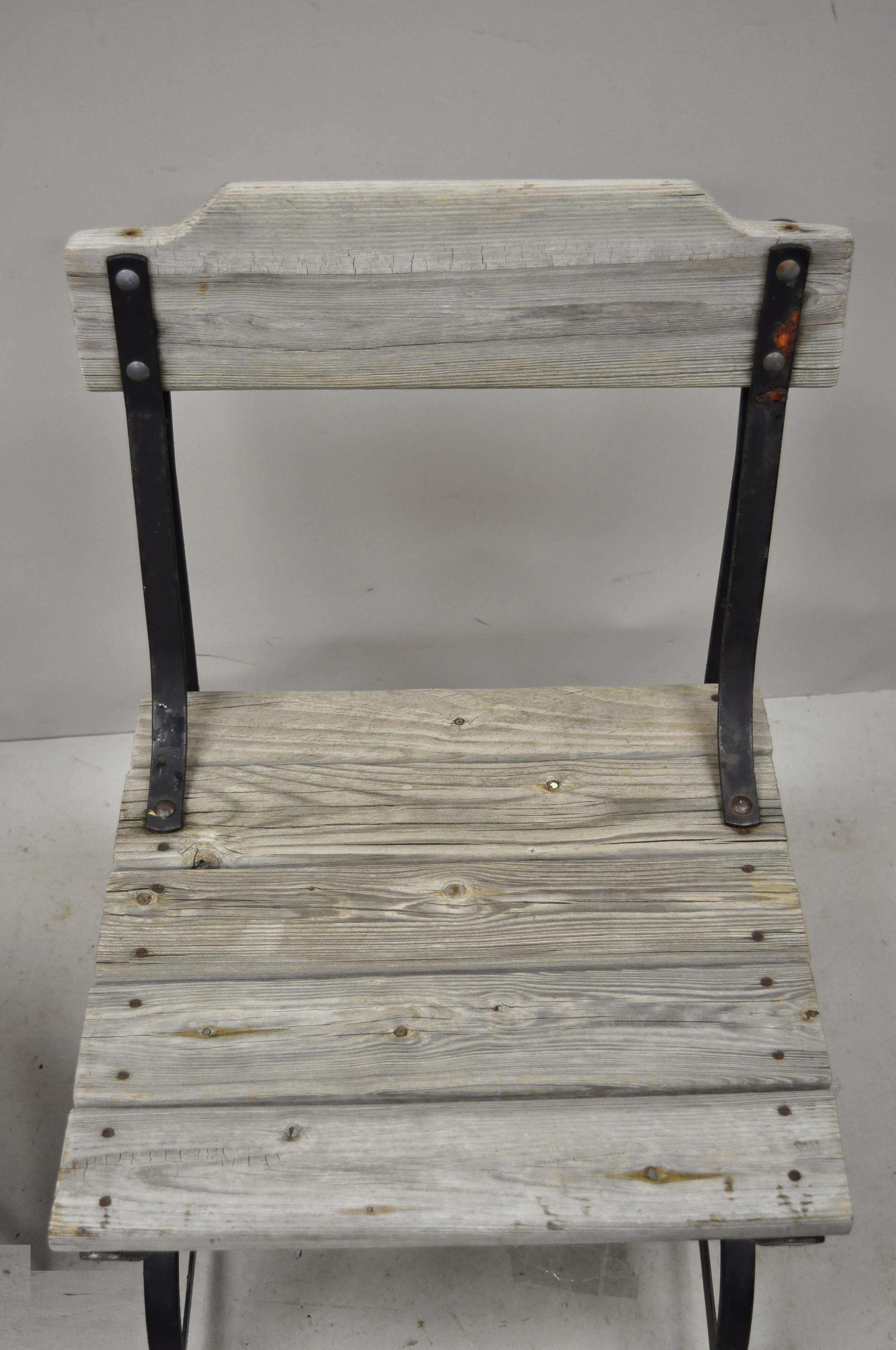 Arts and Crafts Antique French Industrial Wrought Iron Wooden Slat Seat Side Chairs, a Pair