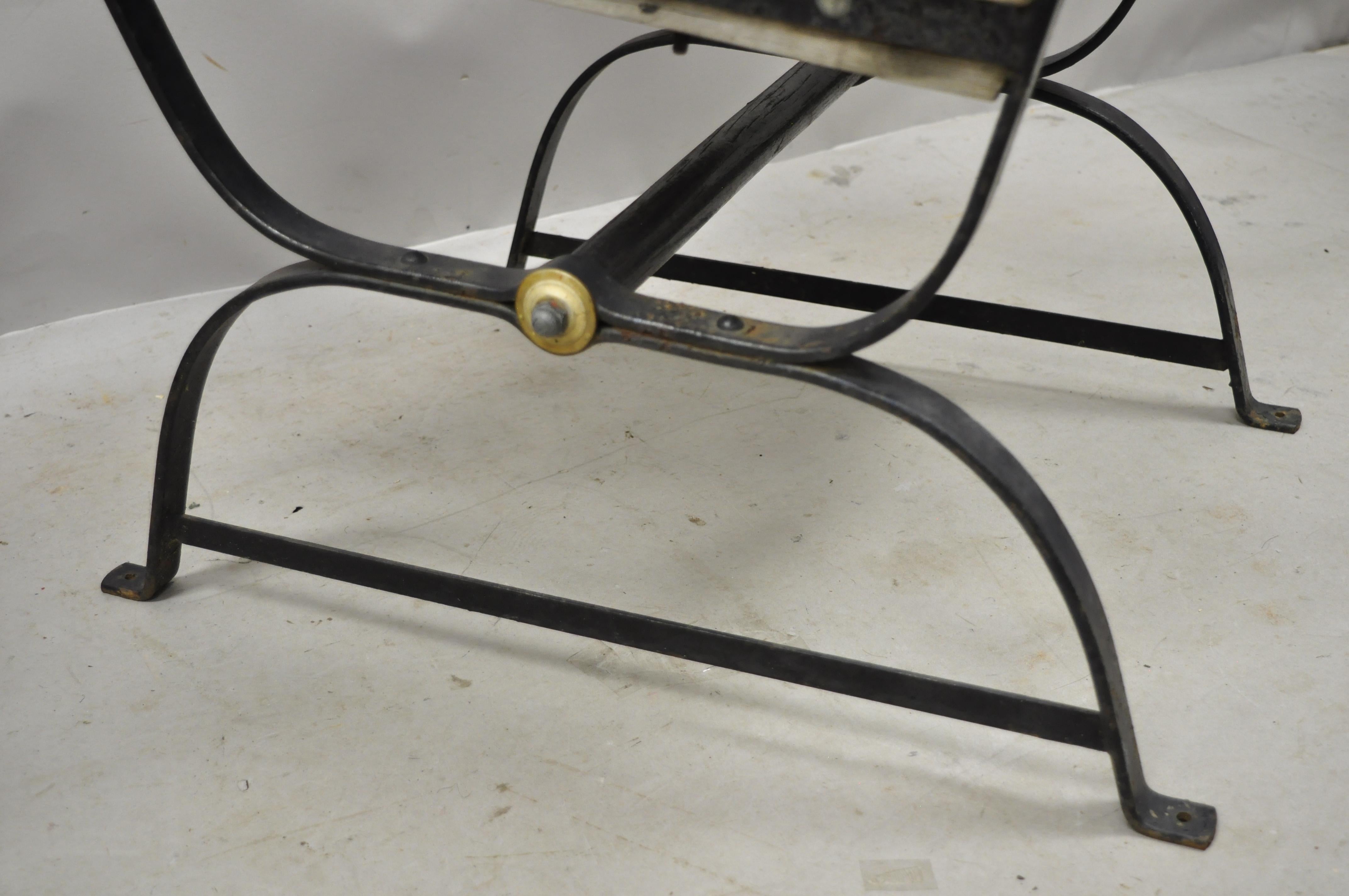 Antique French Industrial Wrought Iron Wooden Slat Seat Side Chairs, a Pair In Good Condition In Philadelphia, PA