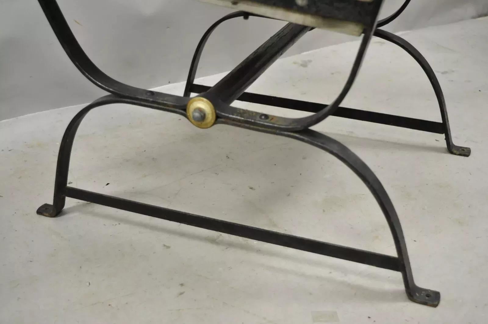 Antique French Industrial Wrought Iron Wooden Slat Seat Side Chairs - a Pair In Good Condition For Sale In Philadelphia, PA
