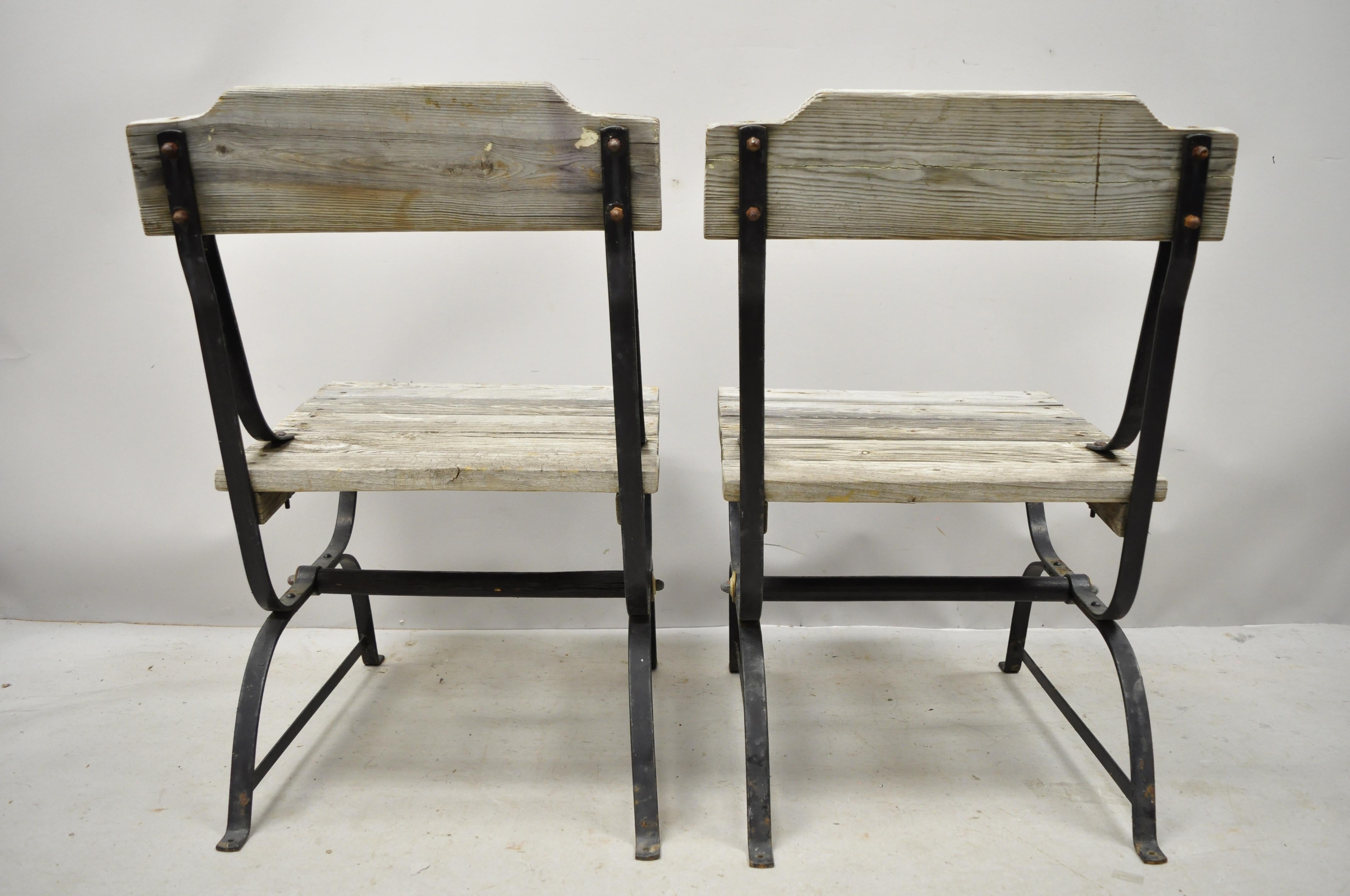 Antique French Industrial Wrought Iron Wooden Slat Seat Side Chairs, a Pair 2