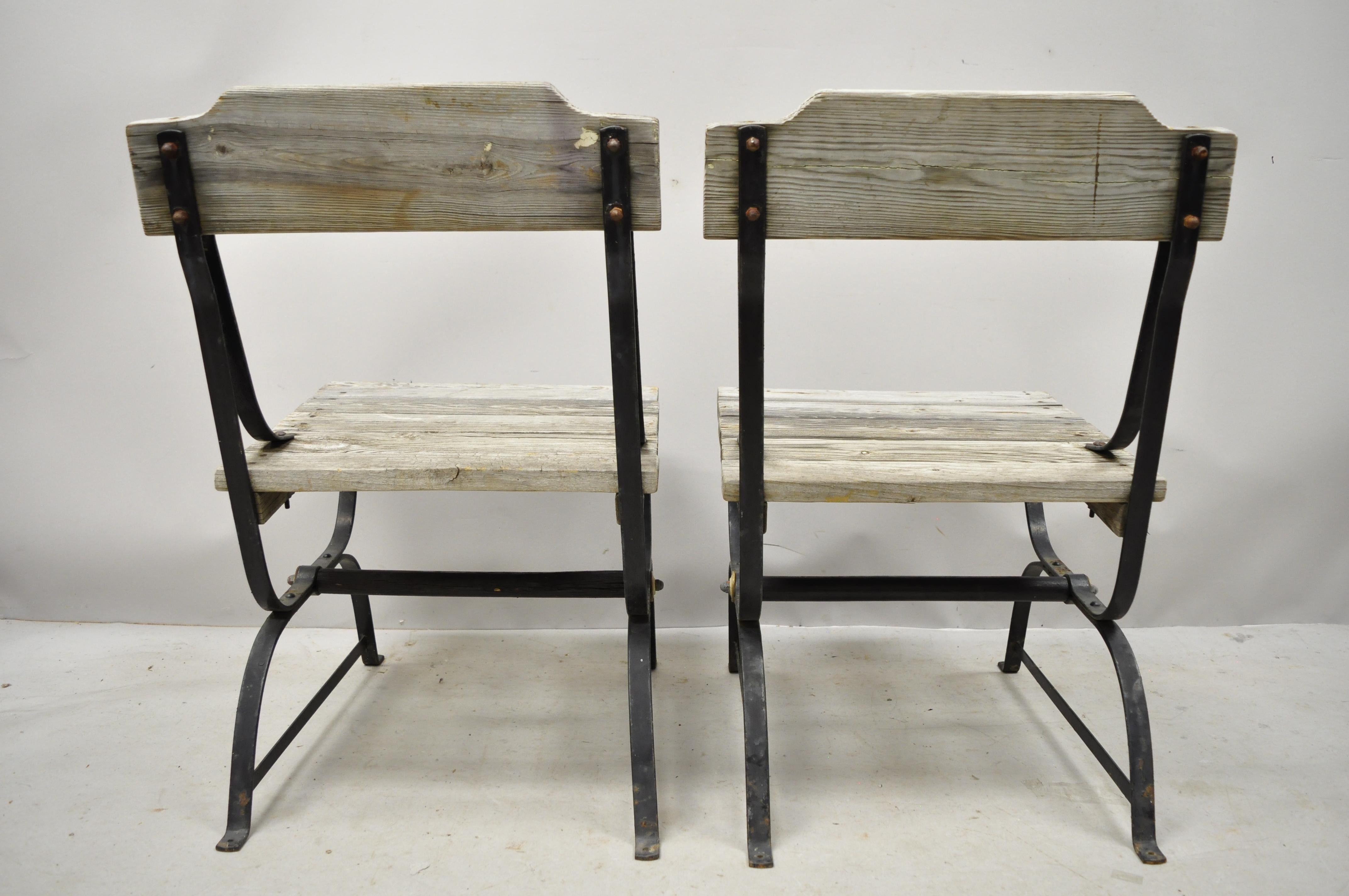 Antique French Industrial Wrought Iron Wooden Slat Seat Side Chairs, a Pair For Sale 2