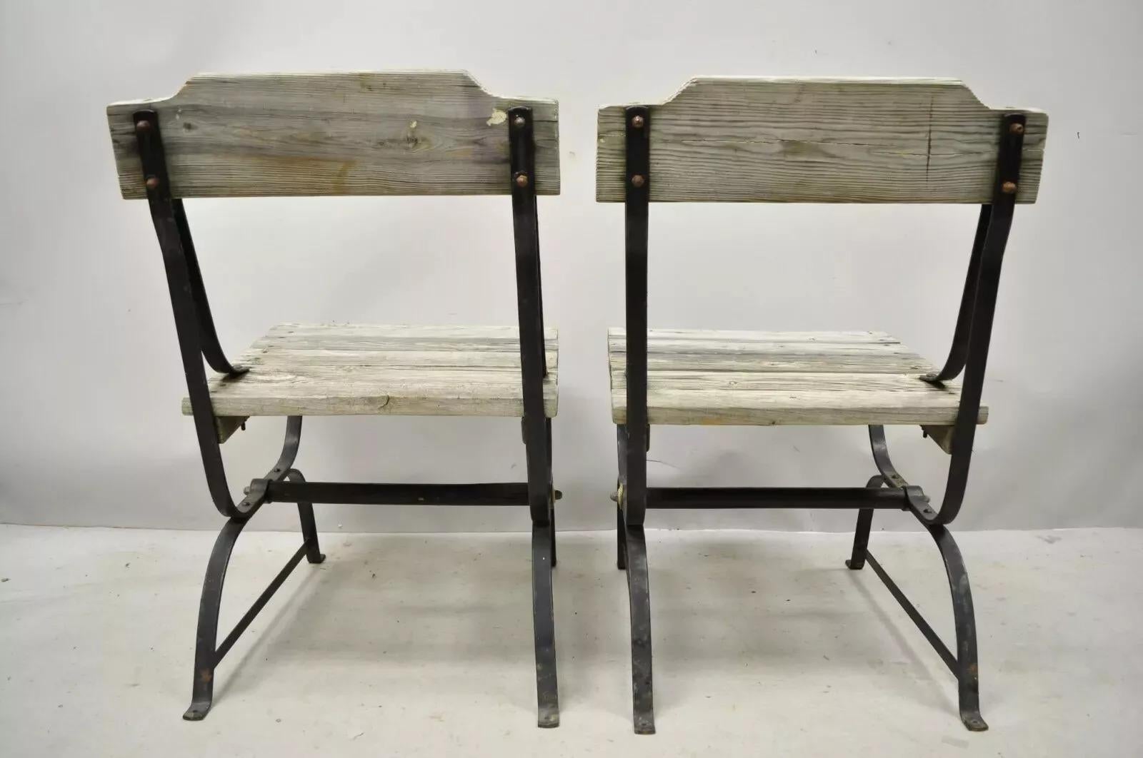 Antique French Industrial Wrought Iron Wooden Slat Seat Side Chairs - a Pair For Sale 2