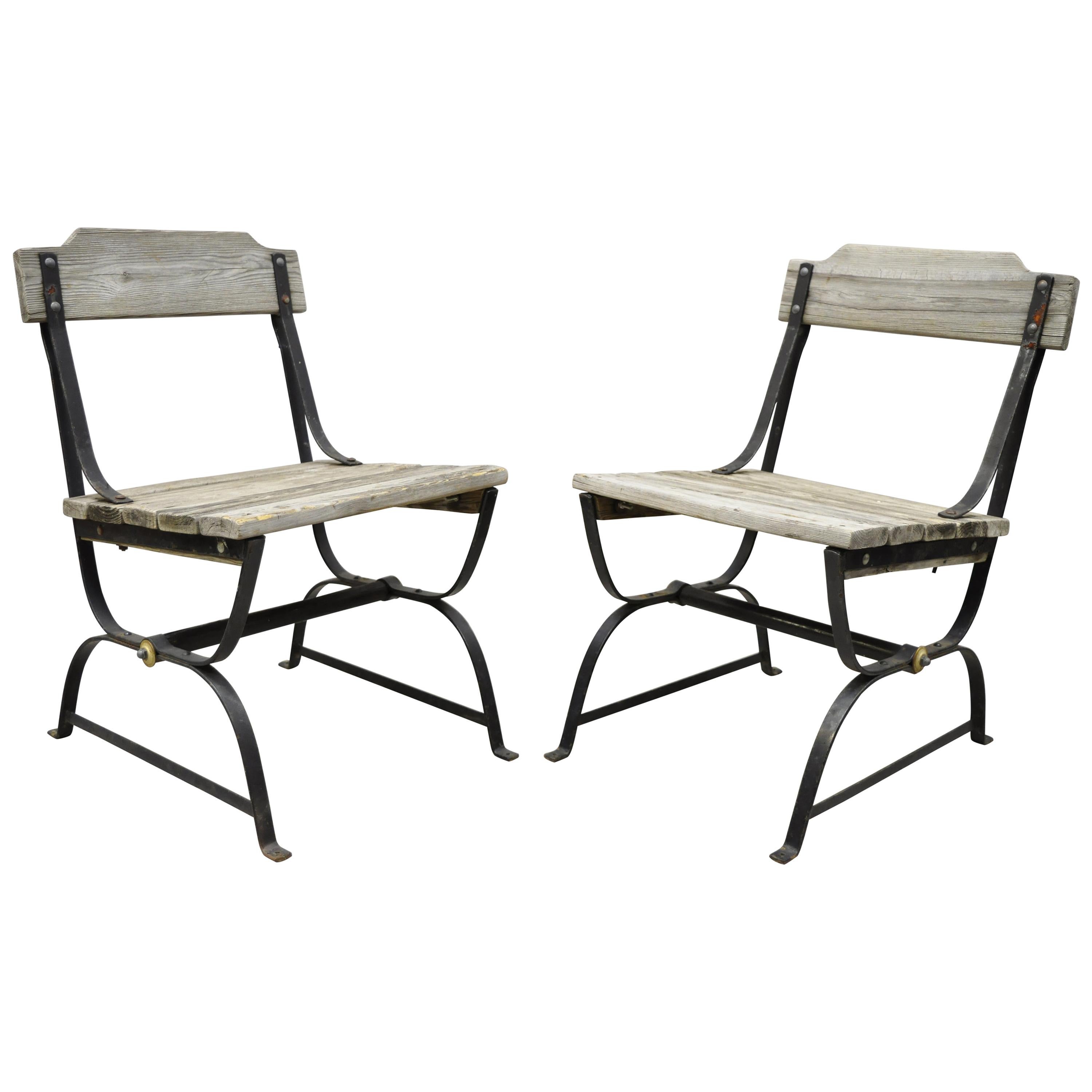 Antique French Industrial Wrought Iron Wooden Slat Seat Side Chairs, a Pair For Sale