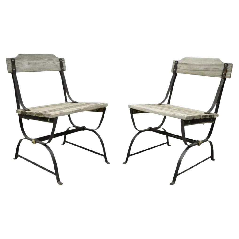 Antique French Industrial Wrought Iron Wooden Slat Seat Side Chairs - a Pair