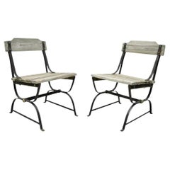 Antique French Industrial Wrought Iron Wooden Slat Seat Side Chairs - a Pair