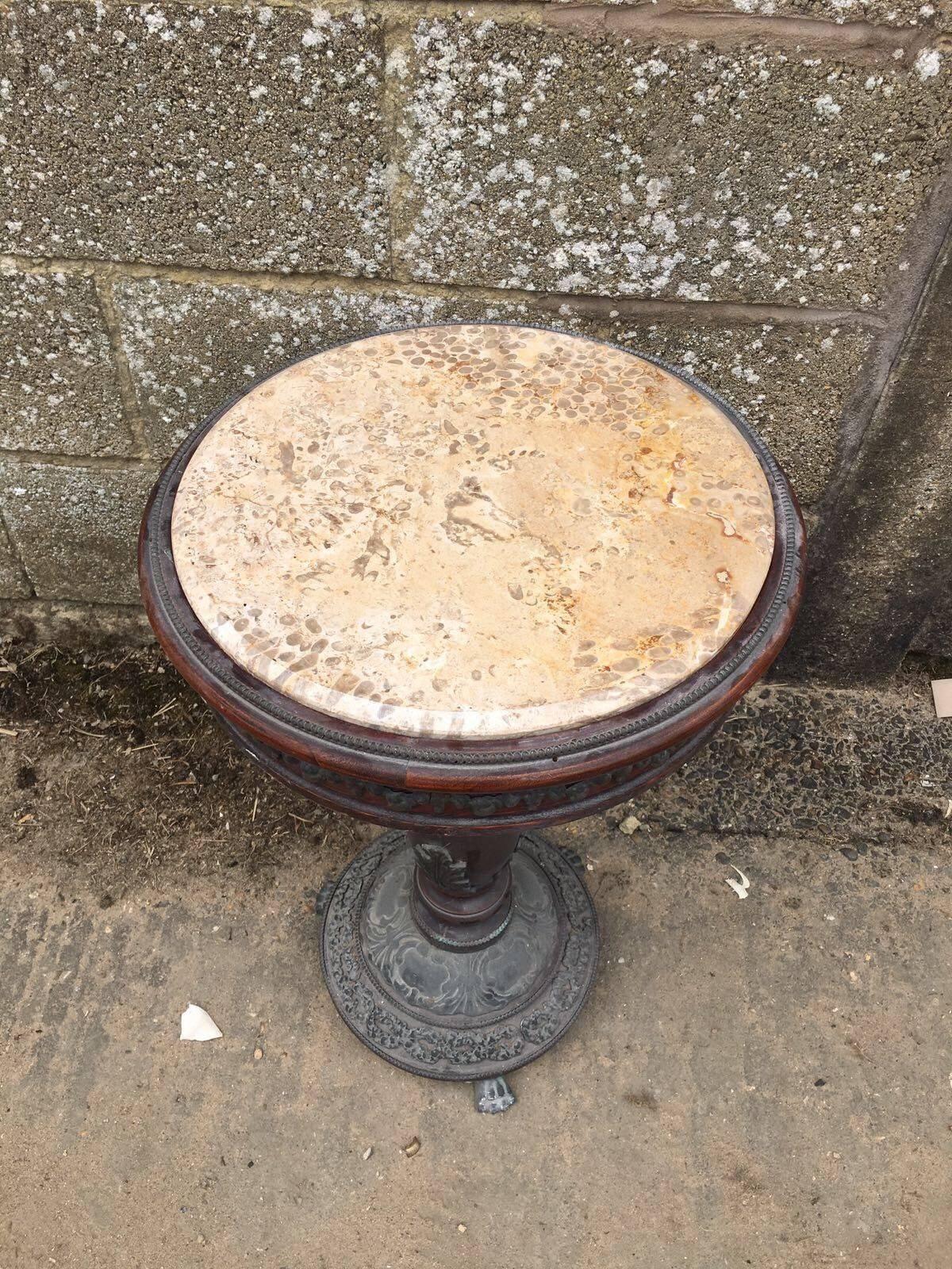 19th Century Antique French Inlaid and Bronze Plant Stand, Table, Marble Top For Sale