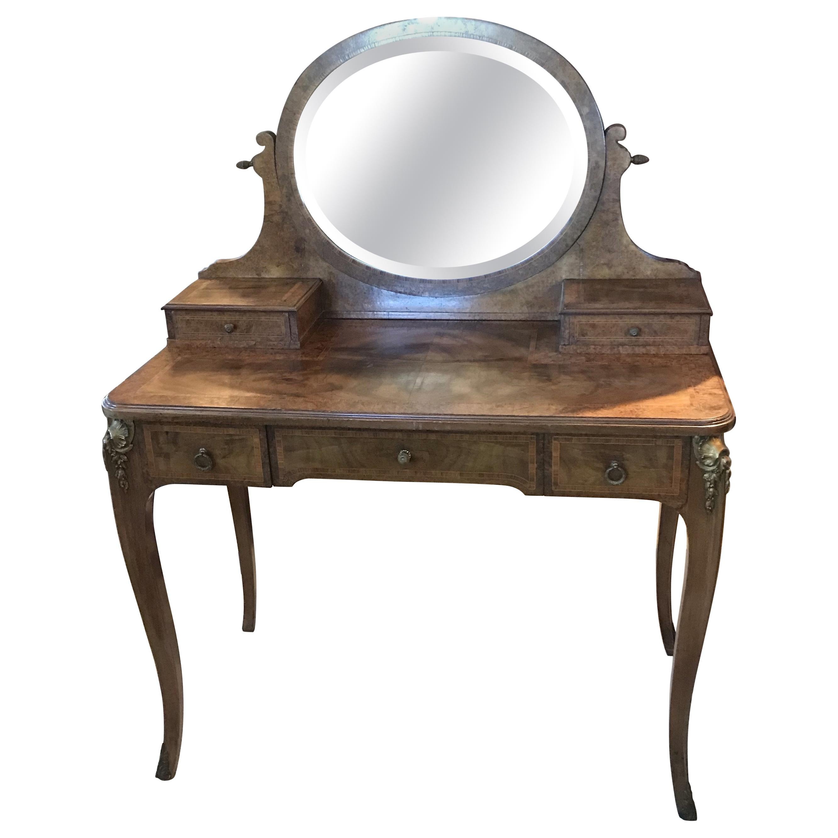 Antique French Inlaid and Burled Walnut Dressing Table Vanity