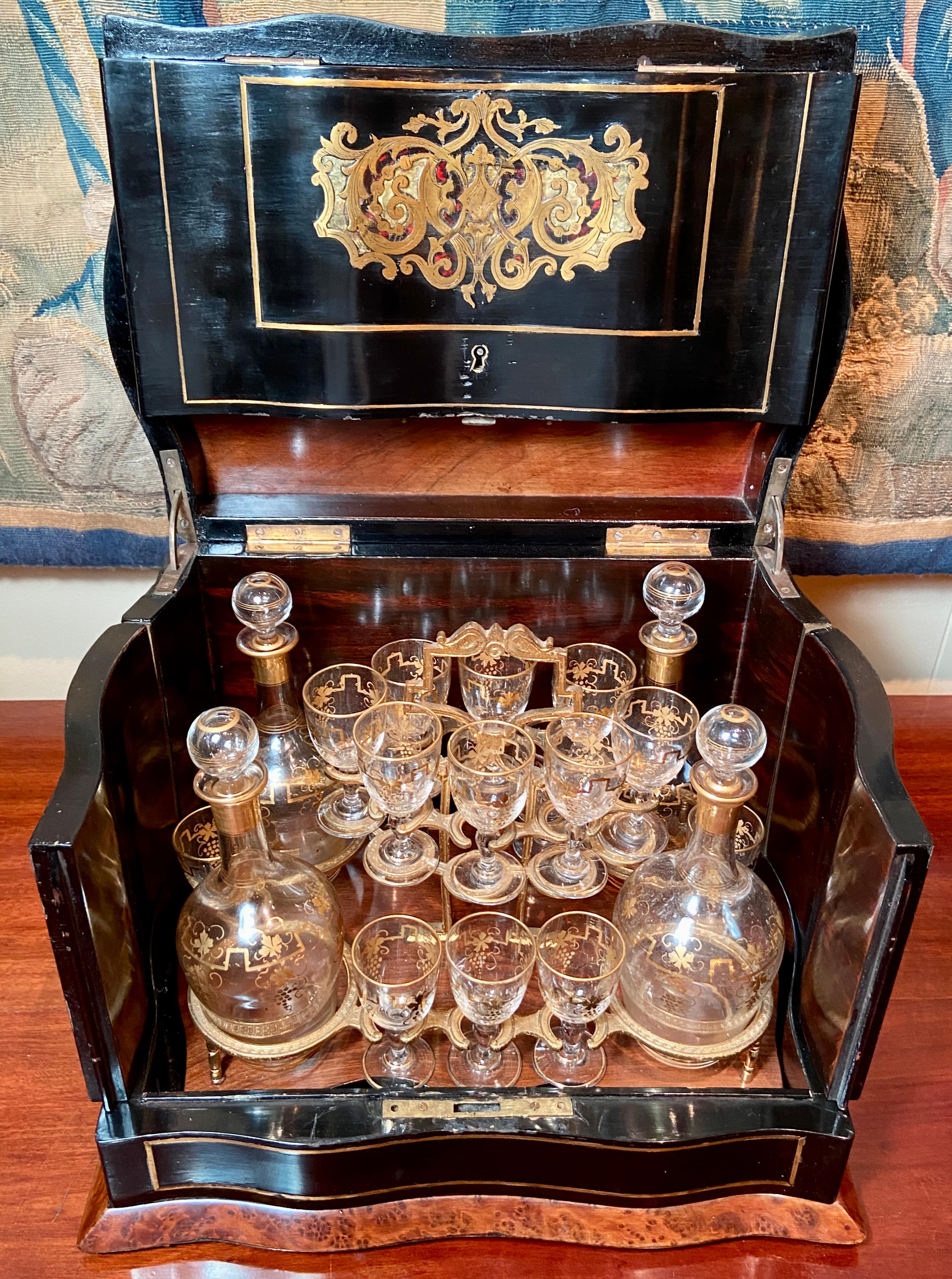 19th Century Antique French Inlaid Brass, Tortoise, and Mother of Pearl Cave À Liqueur For Sale