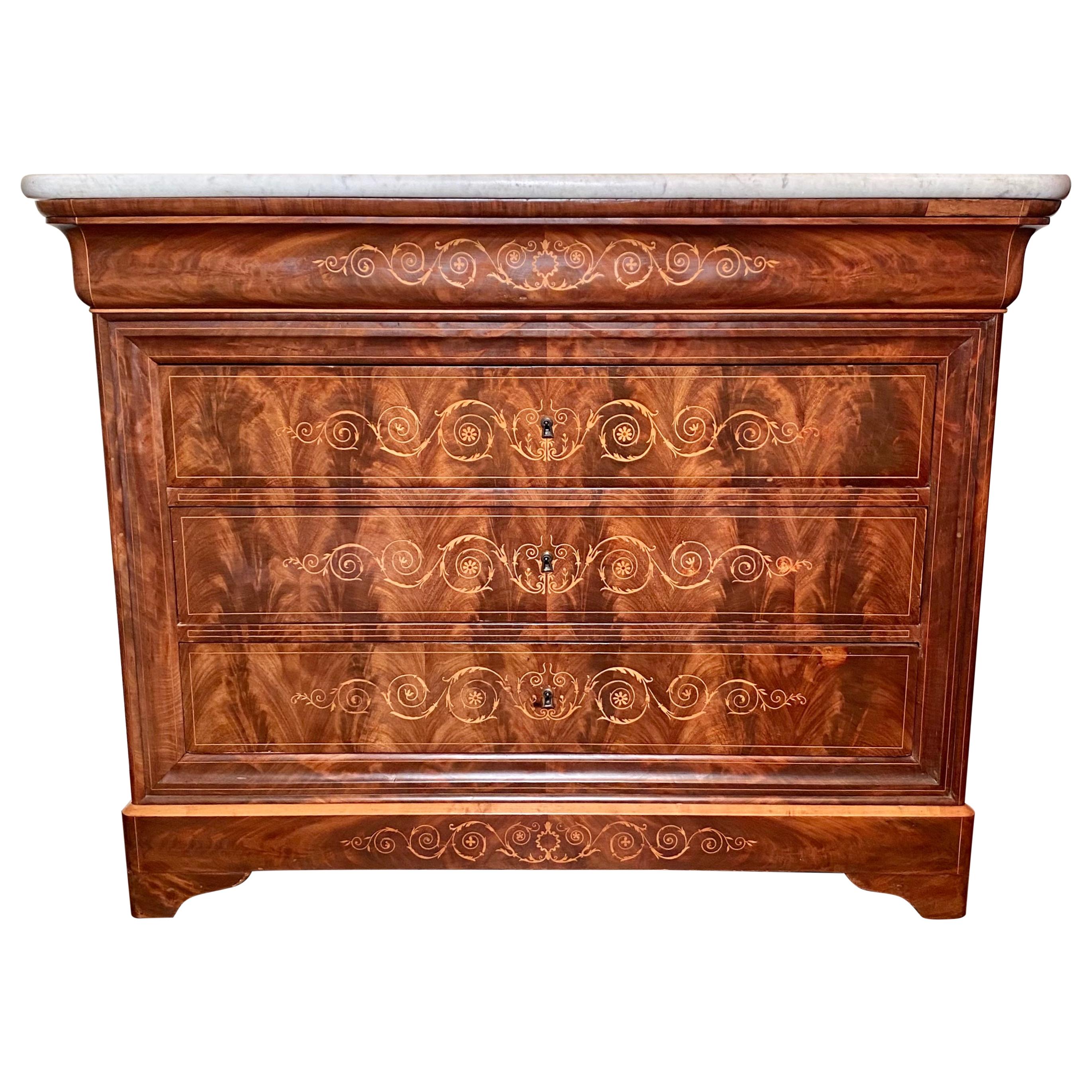 Antique French Inlaid Charles X Commode, circa 1830-1840
