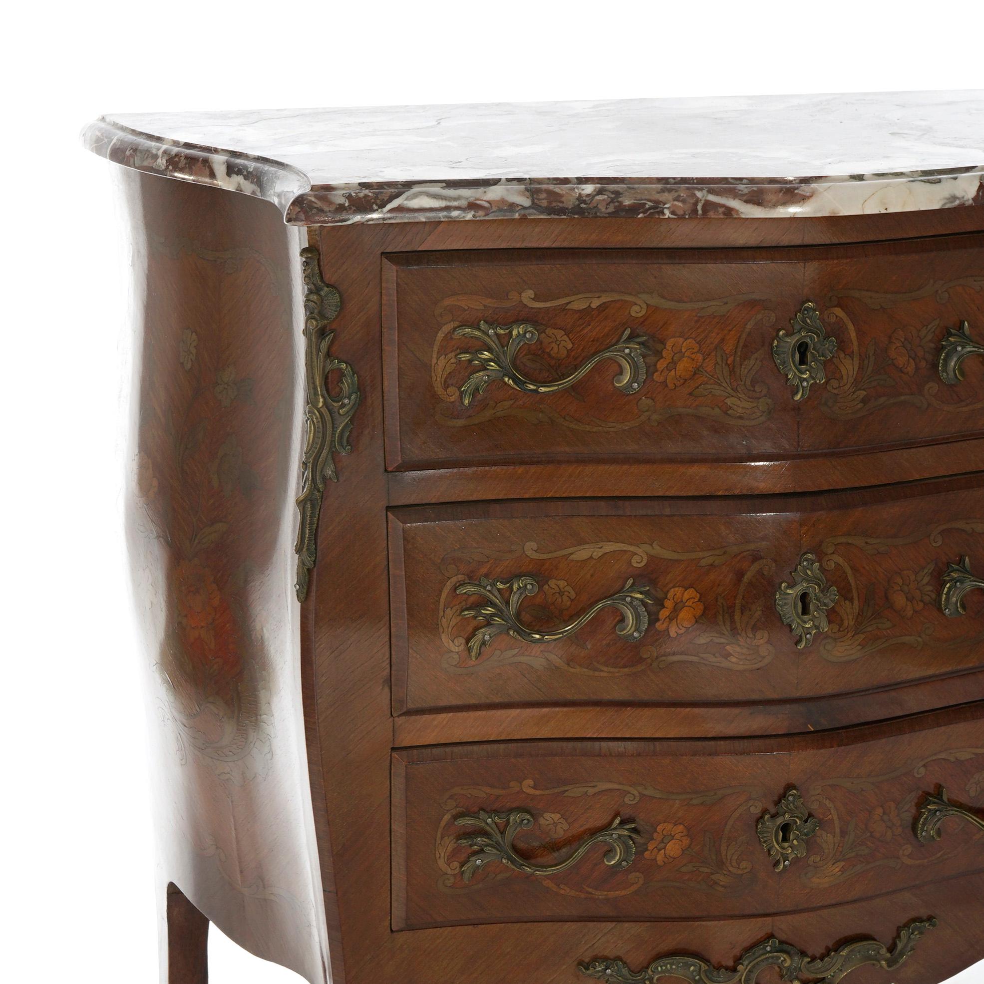 Antique French Inlaid Kingwood & Rosewood, Marble & Ormolu Bombe Commode c1910 5