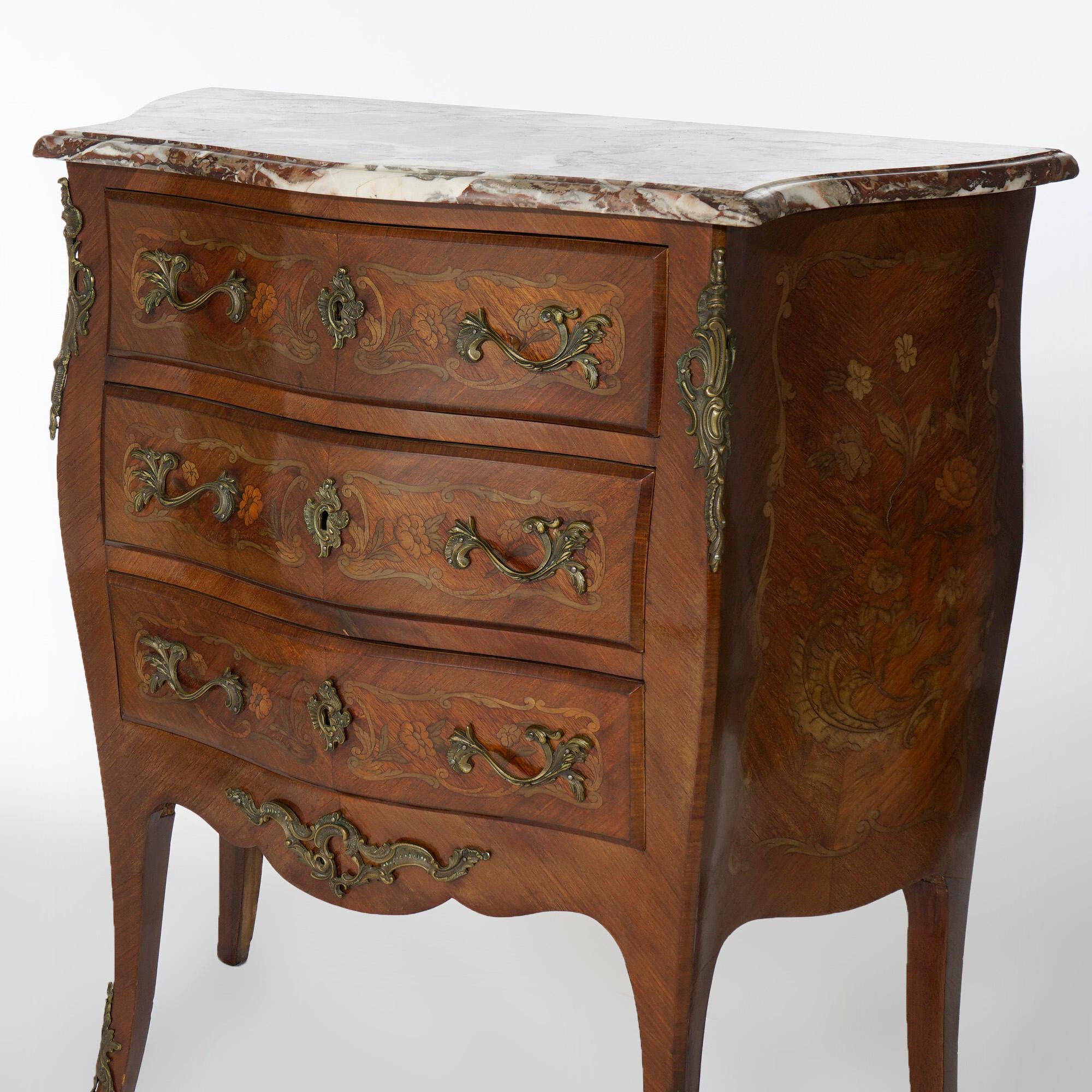 Louis XVI Antique French Inlaid Kingwood & Rosewood, Marble & Ormolu Bombe Commode c1910