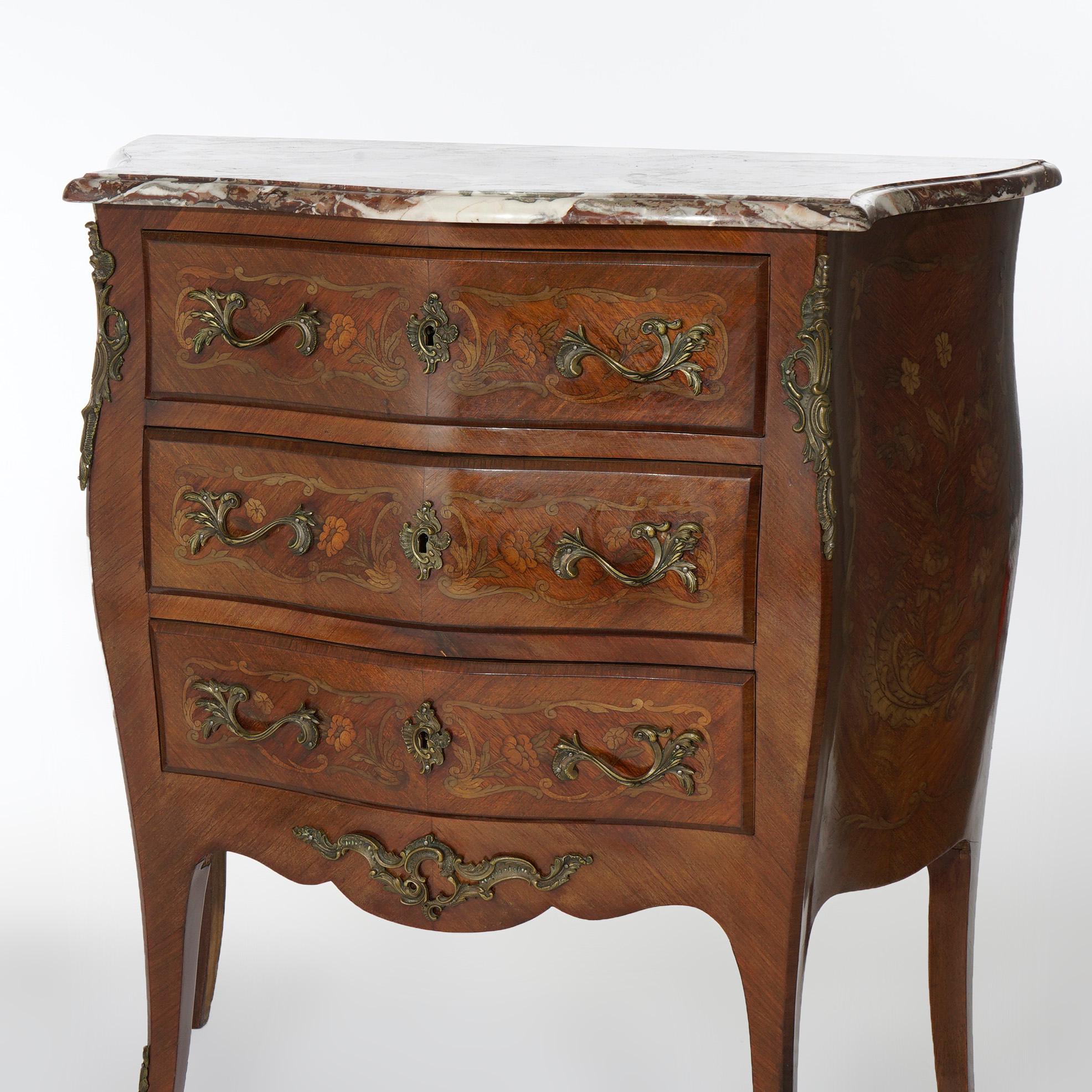 Antique French Inlaid Kingwood & Rosewood, Marble & Ormolu Bombe Commode c1910 In Good Condition In Big Flats, NY