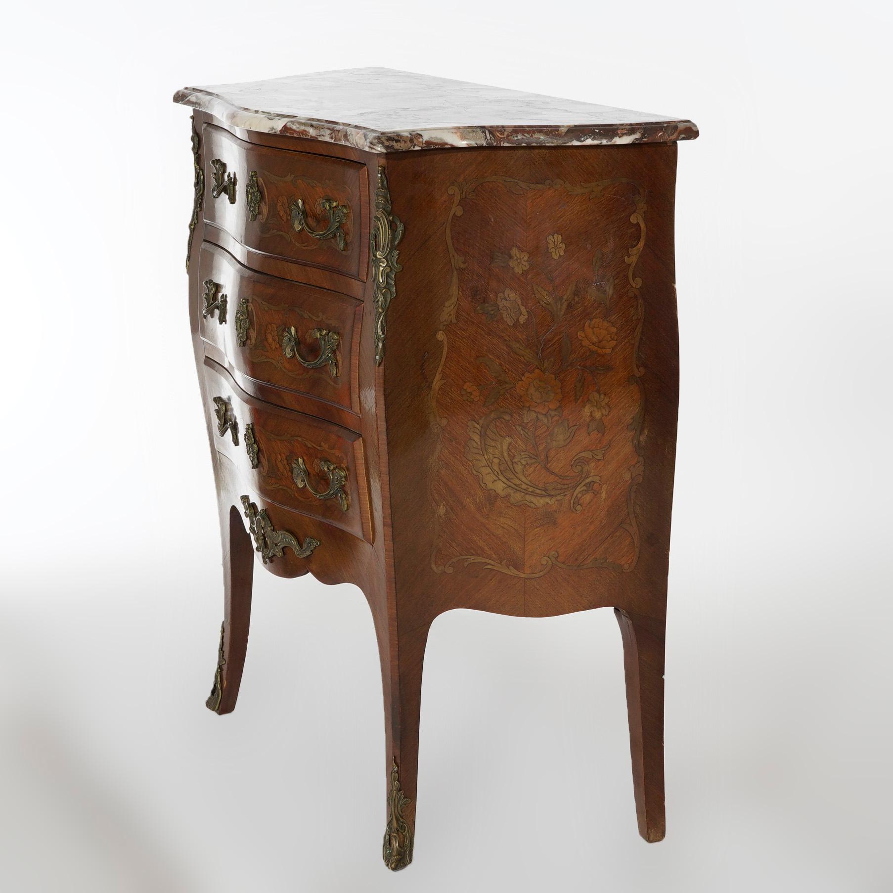 20th Century Antique French Inlaid Kingwood & Rosewood, Marble & Ormolu Bombe Commode c1910