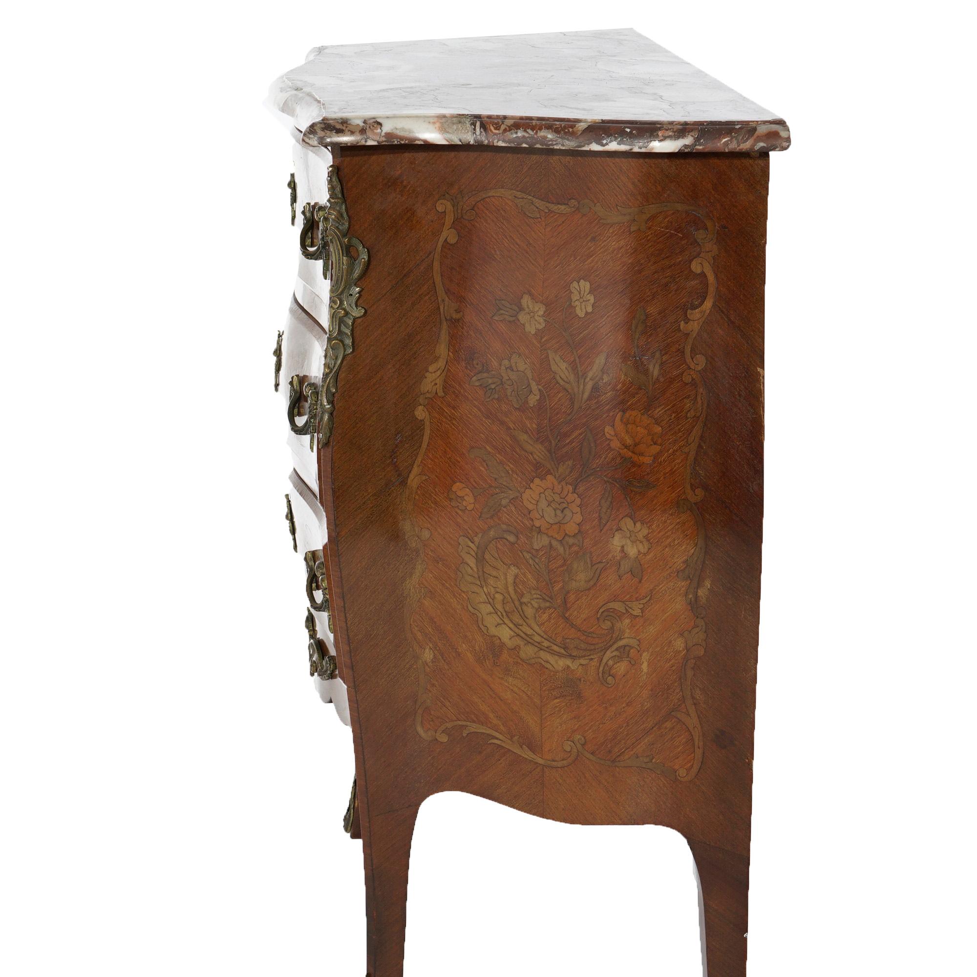 Antique French Inlaid Kingwood & Rosewood, Marble & Ormolu Bombe Commode c1910 2